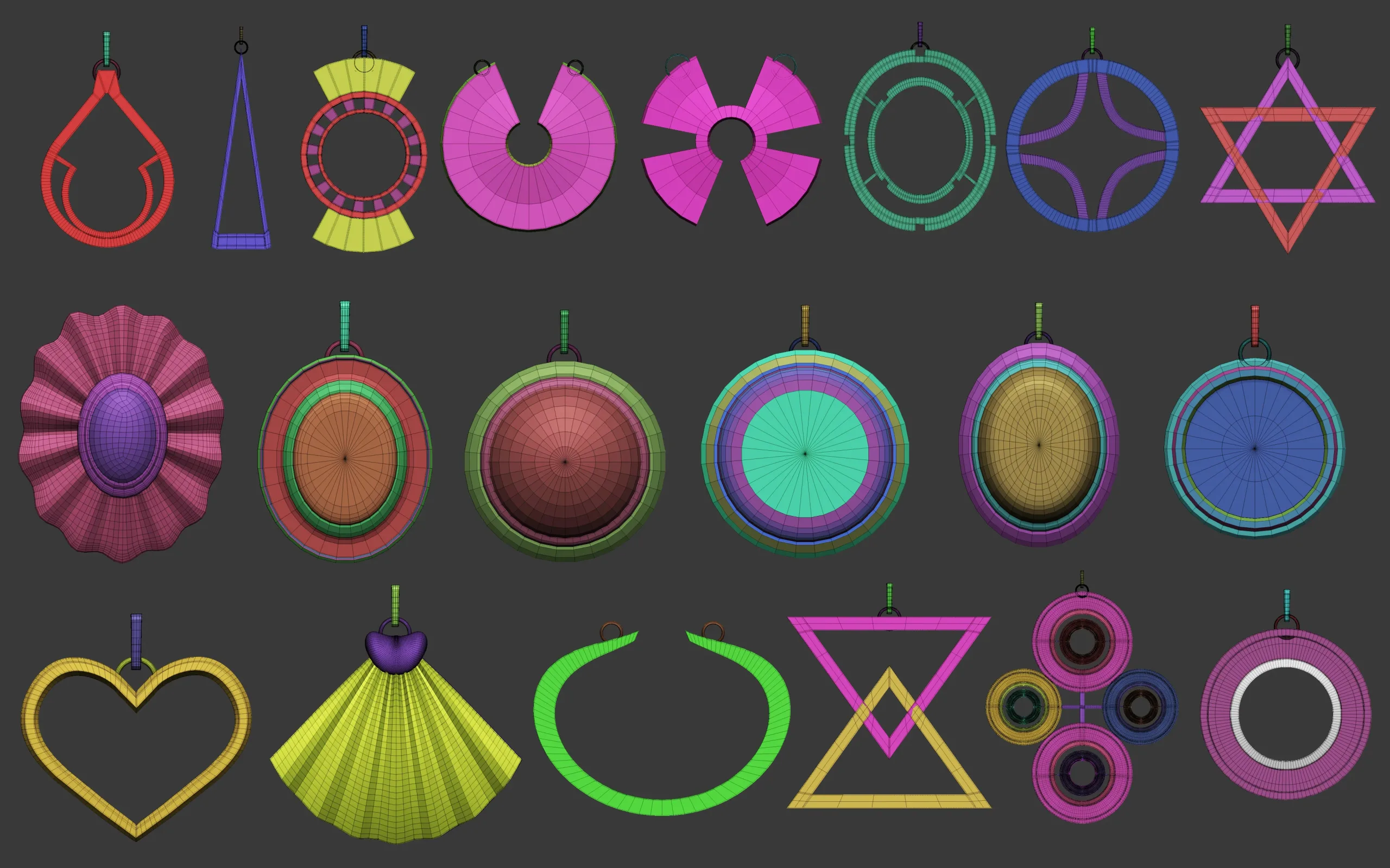 70 Low poly jewelry pendant shapes and forms IMM brush set for Zbrush, Obj and Fbx files.