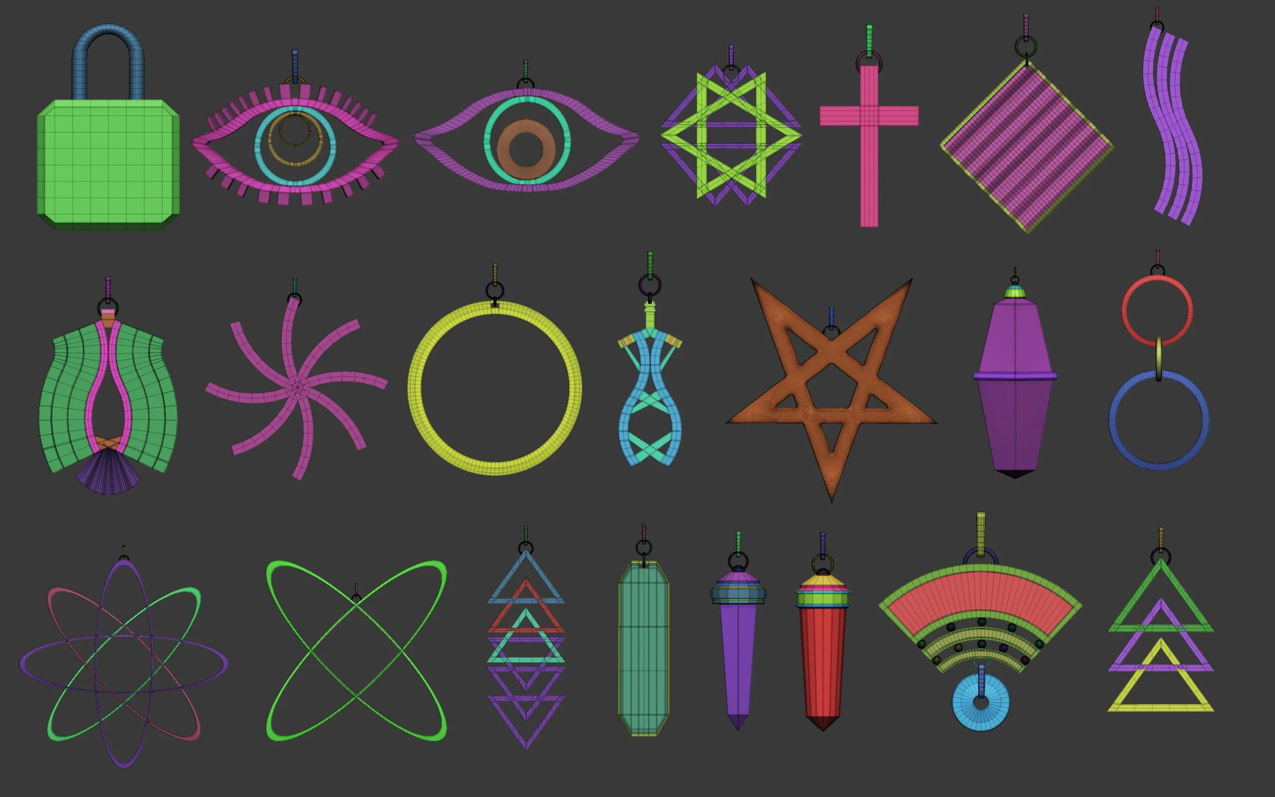 70 Low poly jewelry pendant shapes and forms IMM brush set for Zbrush, Obj and Fbx files.