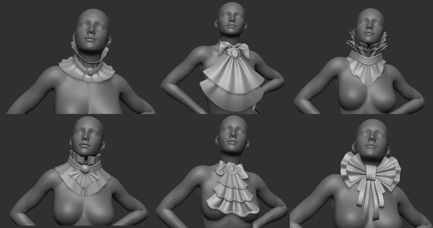 20 character jabot and neckwear midpoly IMM Zbrush set + OBJ and FBX files.