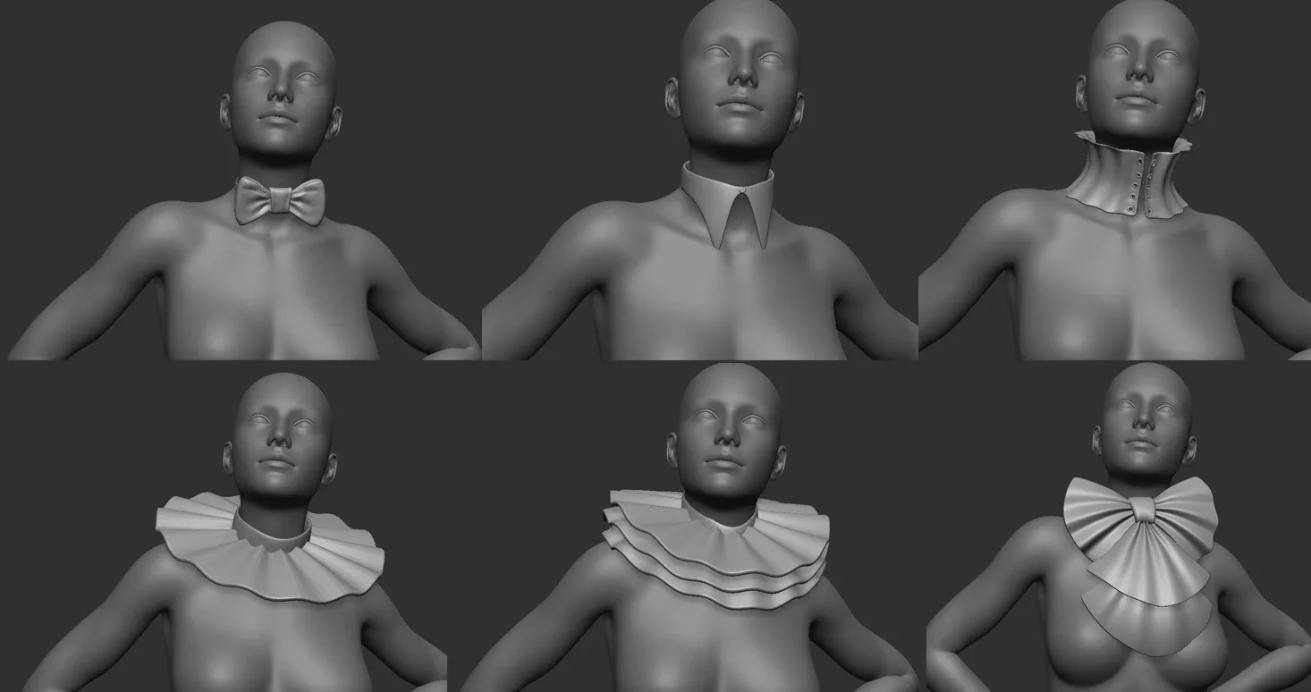 20 character jabot and neckwear midpoly IMM Zbrush set + OBJ and FBX files.