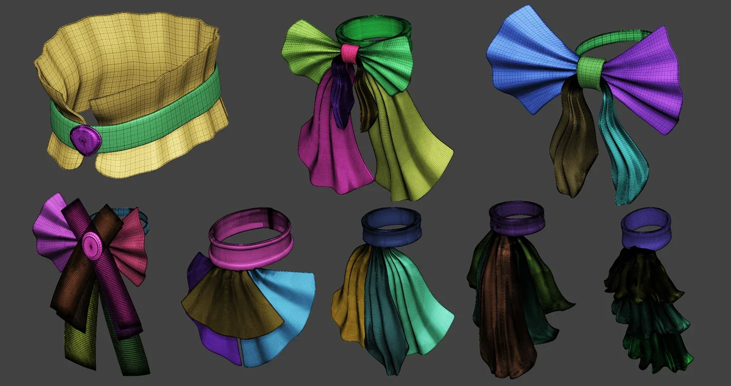 20 character jabot and neckwear midpoly IMM Zbrush set + OBJ and FBX files.