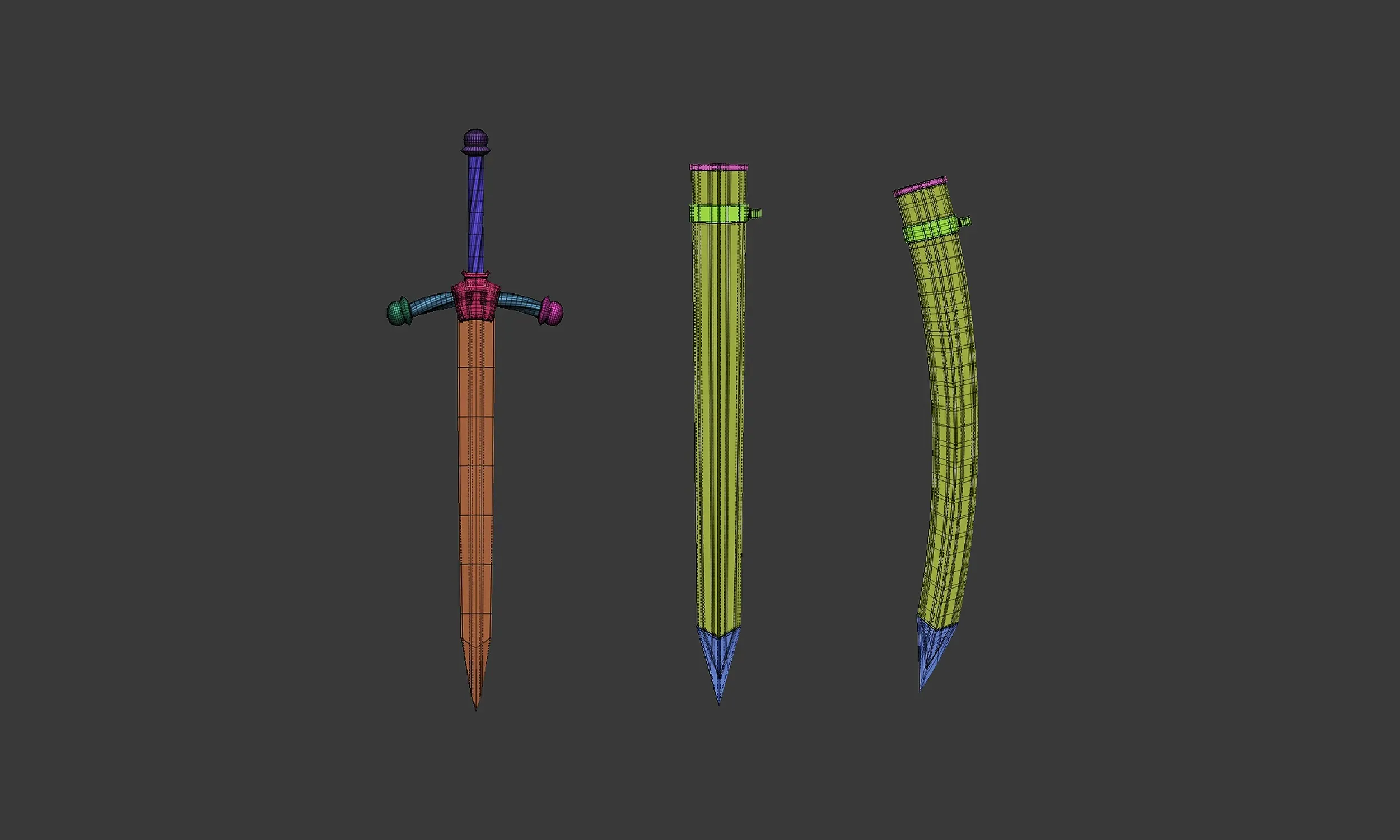 30 Low-poly medieval fantasy sword melee weapon base mesh shapes IMM and 2 sheath shapes Zbrush set and fbx, obj files.