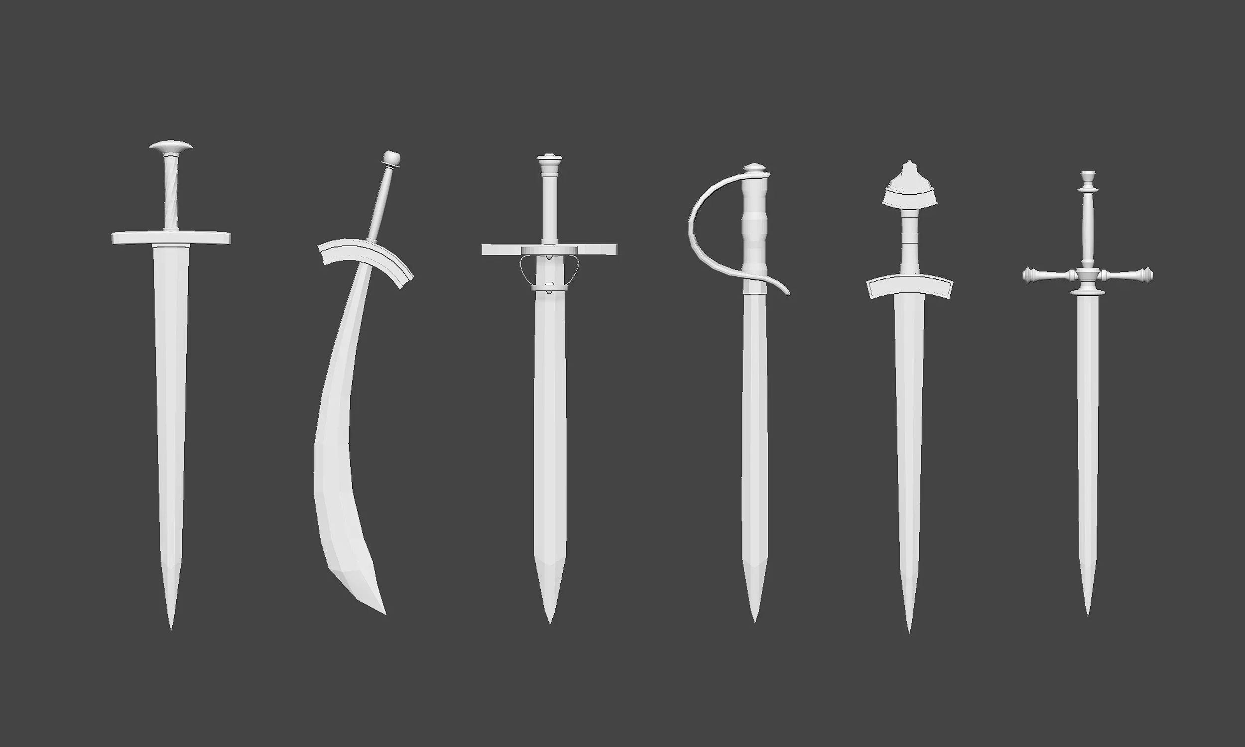 30 Low-poly medieval fantasy sword melee weapon base mesh shapes IMM and 2 sheath shapes Zbrush set and fbx, obj files.