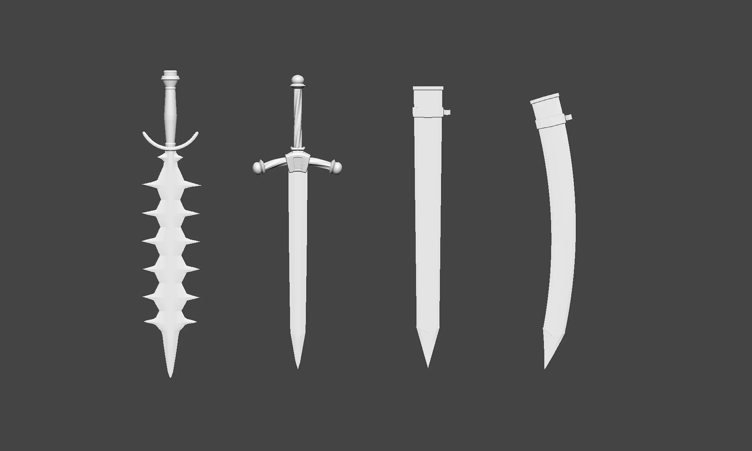 30 Low-poly medieval fantasy sword melee weapon base mesh shapes IMM and 2 sheath shapes Zbrush set and fbx, obj files.