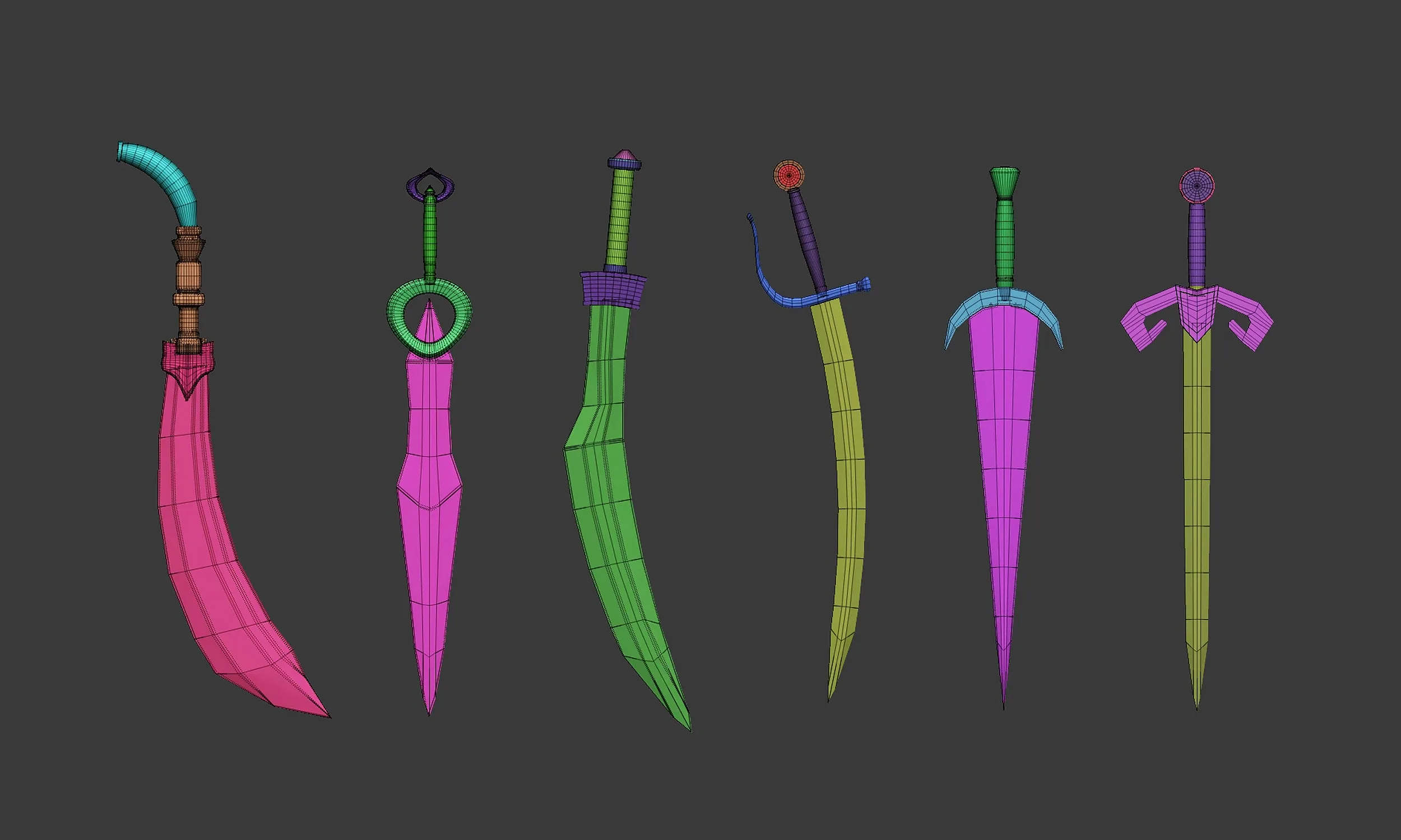 30 Low-poly medieval fantasy sword melee weapon base mesh shapes IMM and 2 sheath shapes Zbrush set and fbx, obj files.