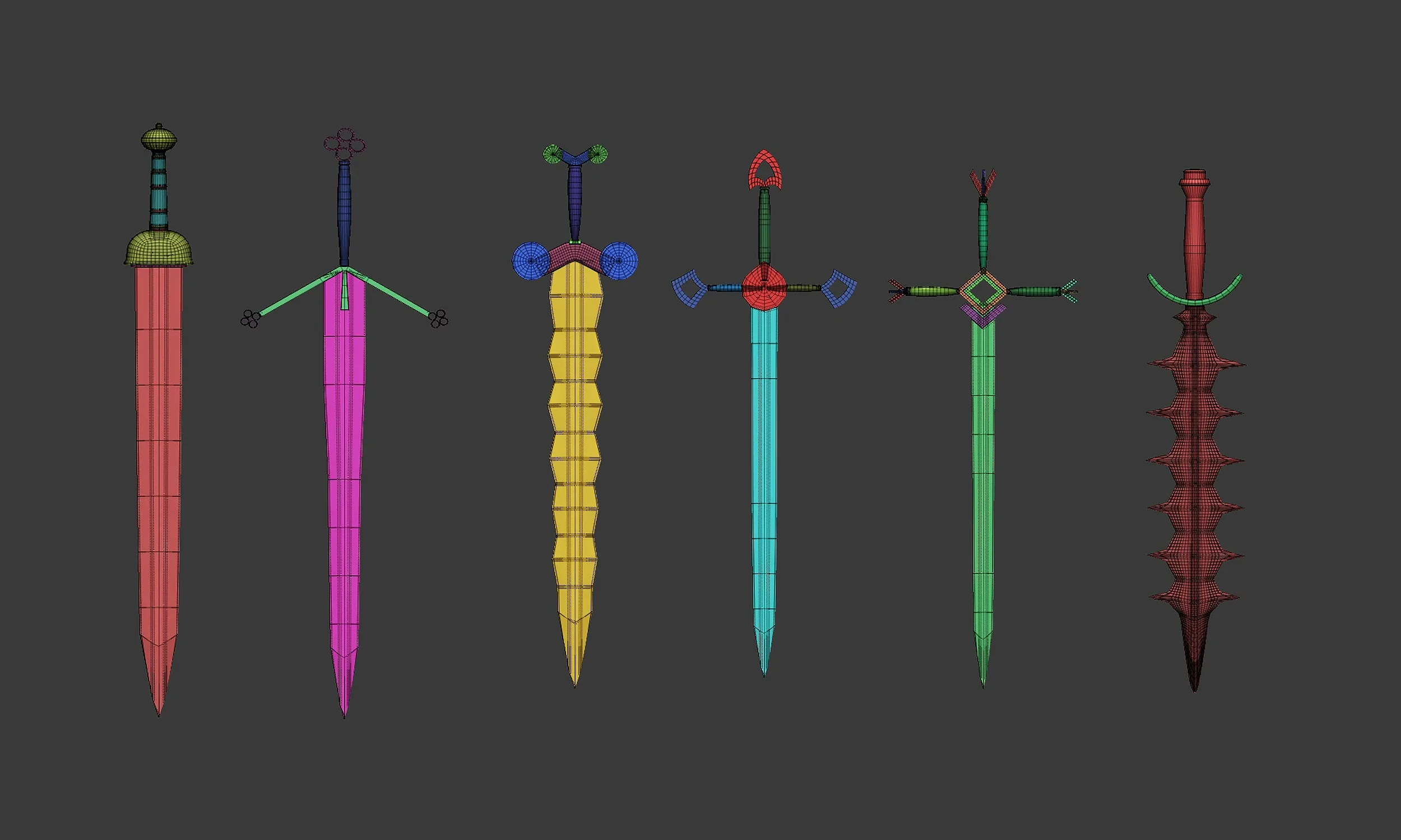 30 Low-poly medieval fantasy sword melee weapon base mesh shapes IMM and 2 sheath shapes Zbrush set and fbx, obj files.