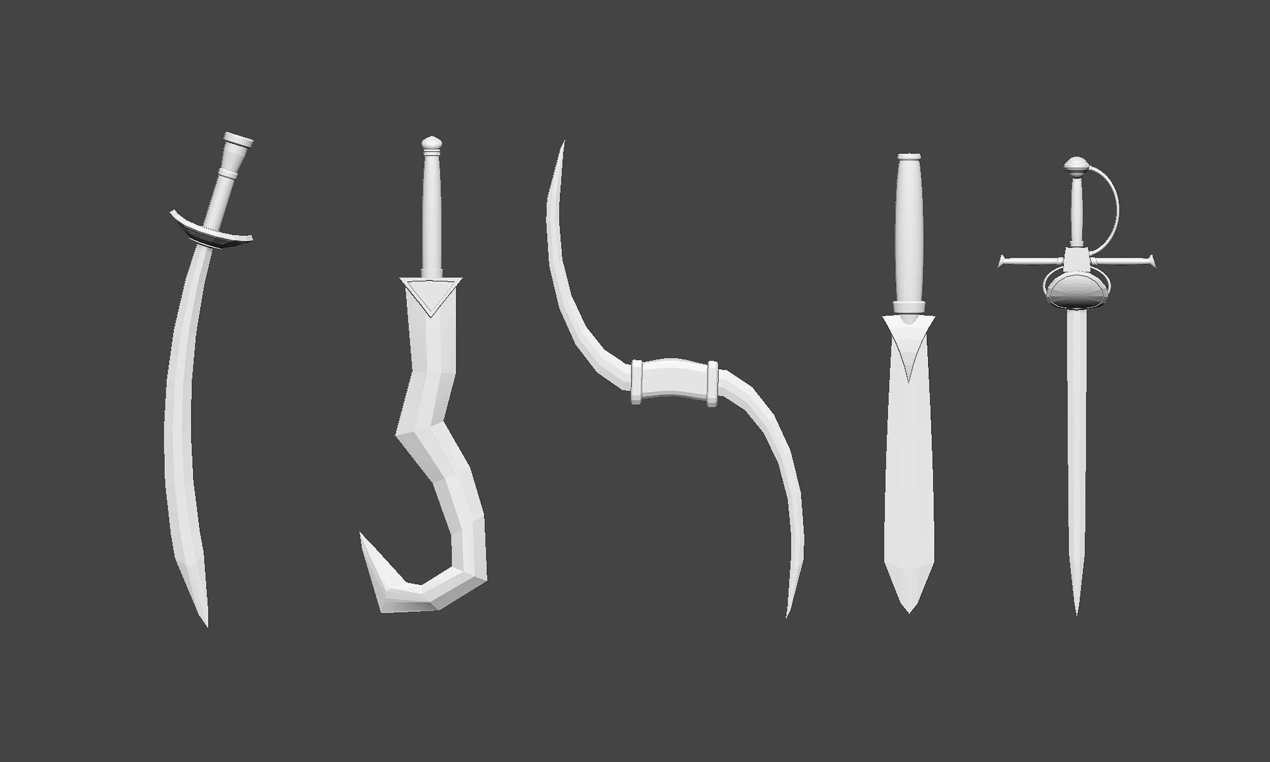 30 Low-poly medieval fantasy sword melee weapon base mesh shapes IMM and 2 sheath shapes Zbrush set and fbx, obj files.