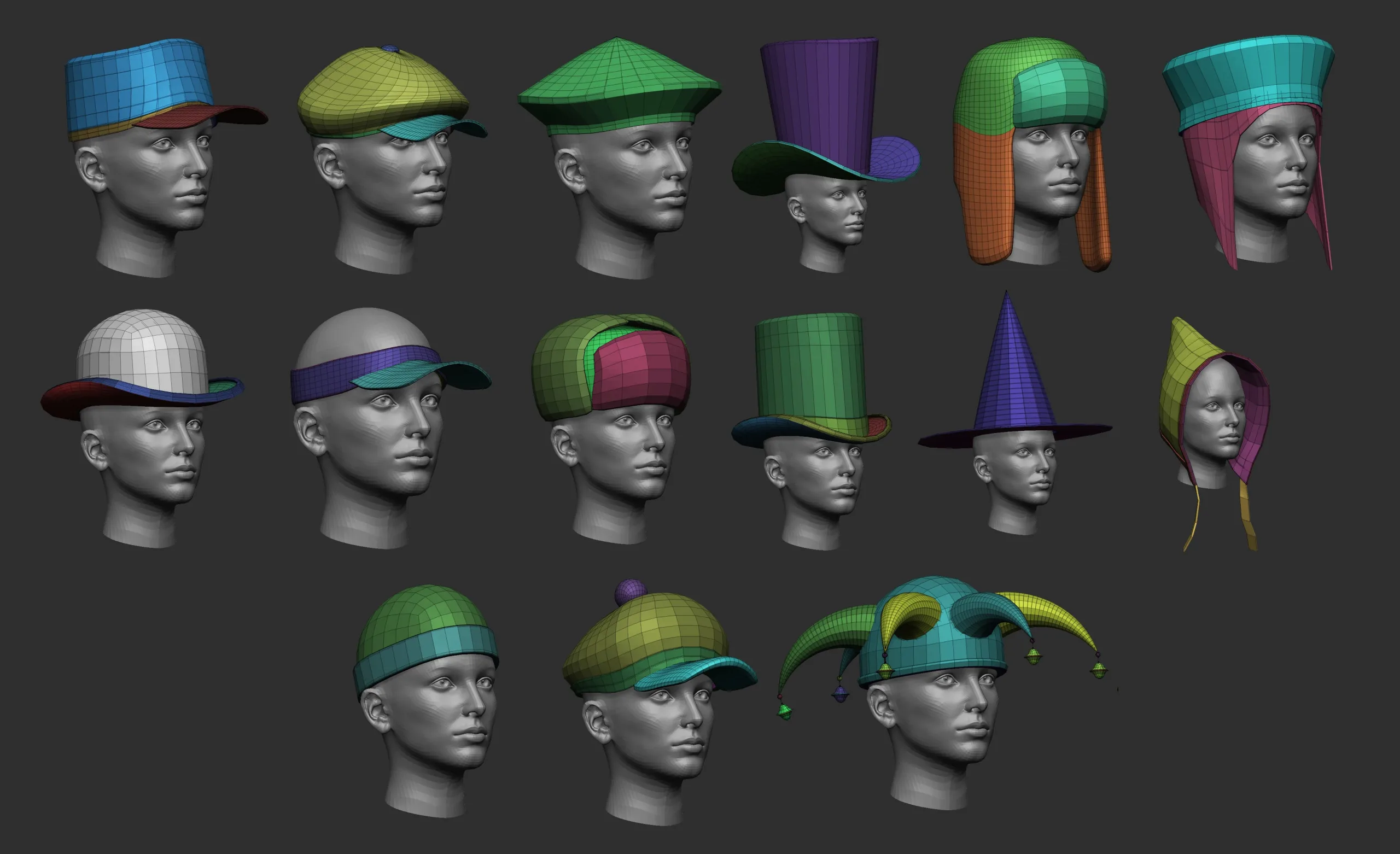 60 Low-poly hat and headwear base mesh shapes IMM shapes Zbrush set and fbx, obj files.