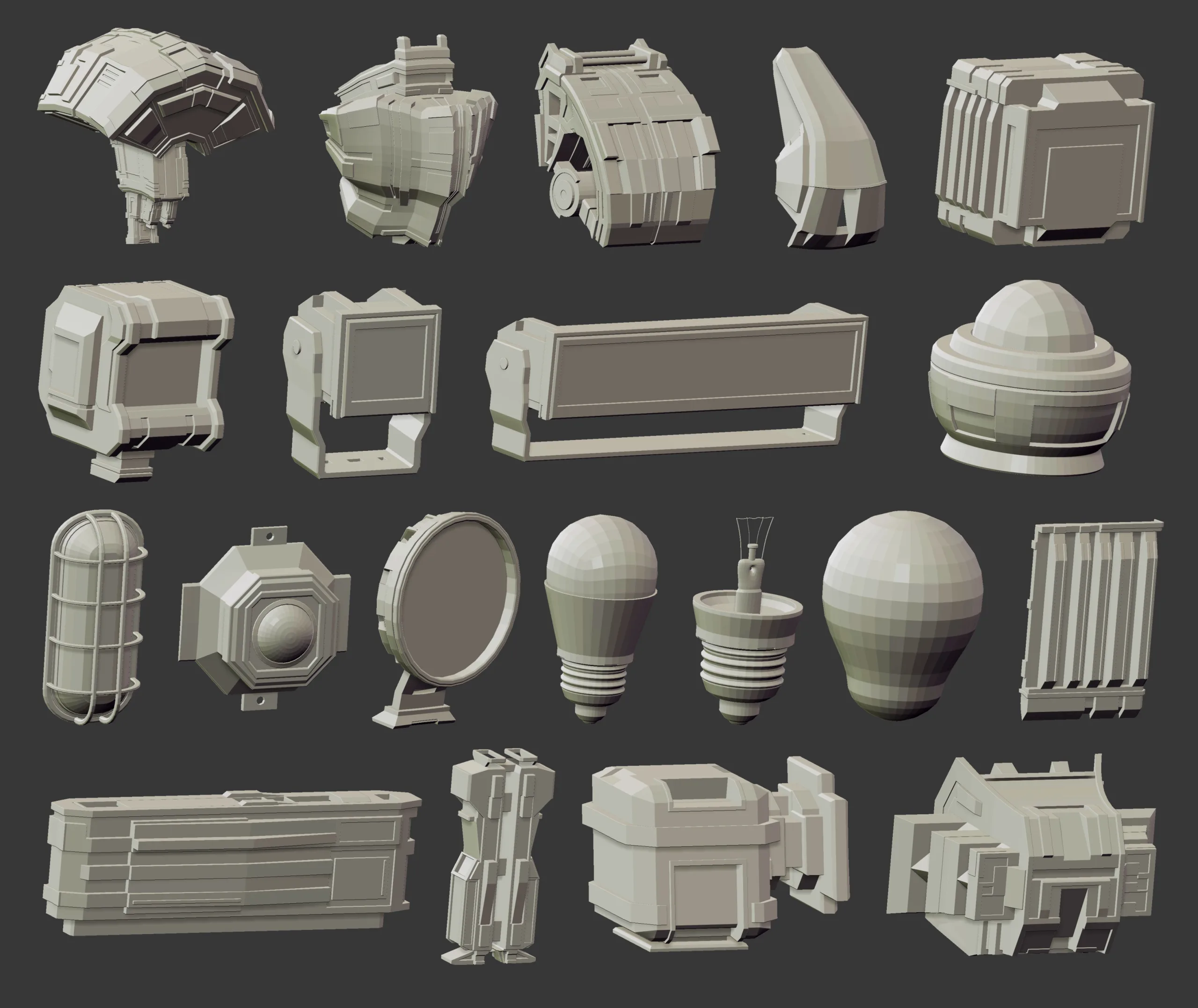 110 Low-poly futuristic sci-fi mech robot or weapon shapes and parts kitbash IMM Zbrush brush set, obj and fbx files.