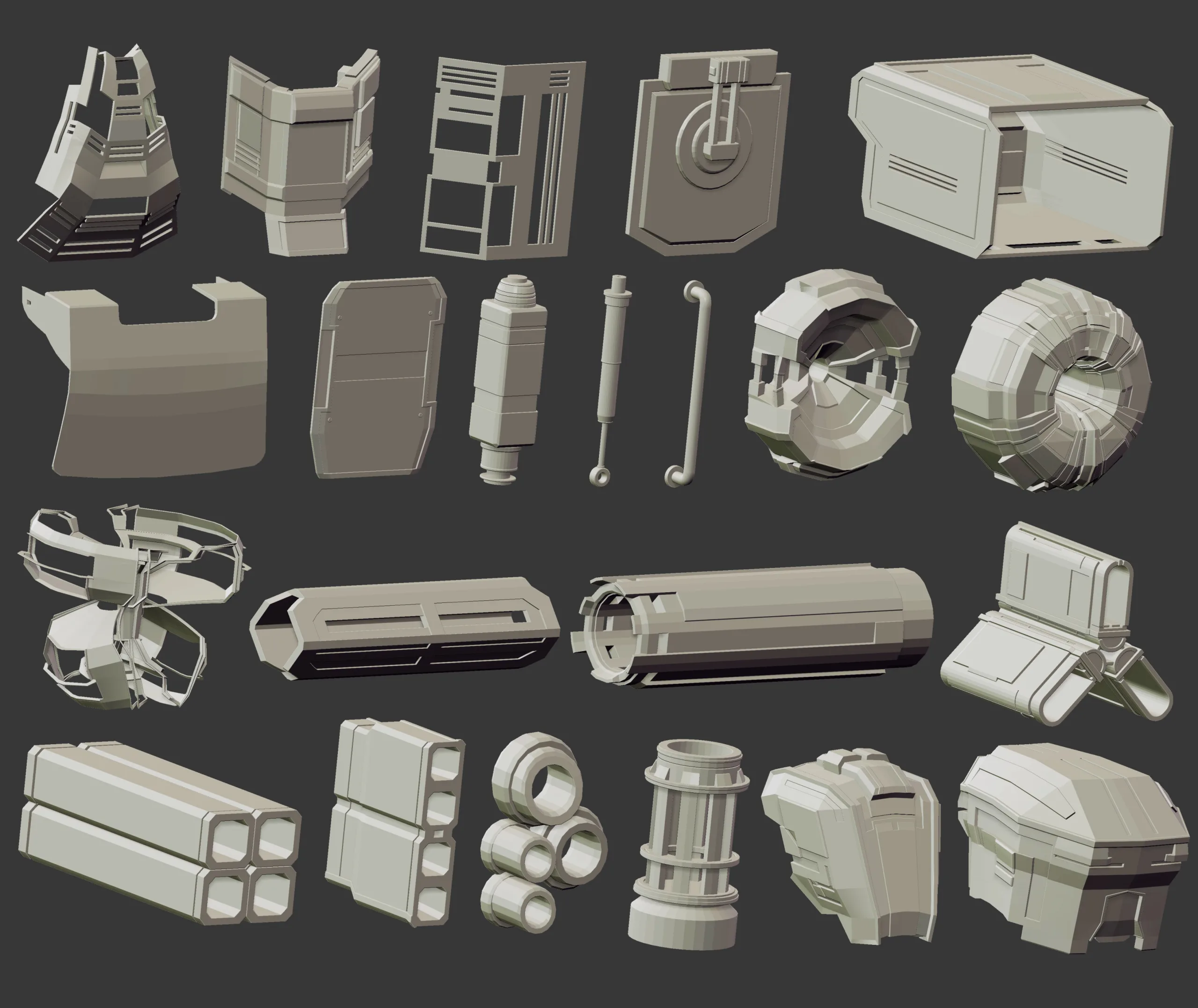 110 Low-poly futuristic sci-fi mech robot or weapon shapes and parts kitbash IMM Zbrush brush set, obj and fbx files.