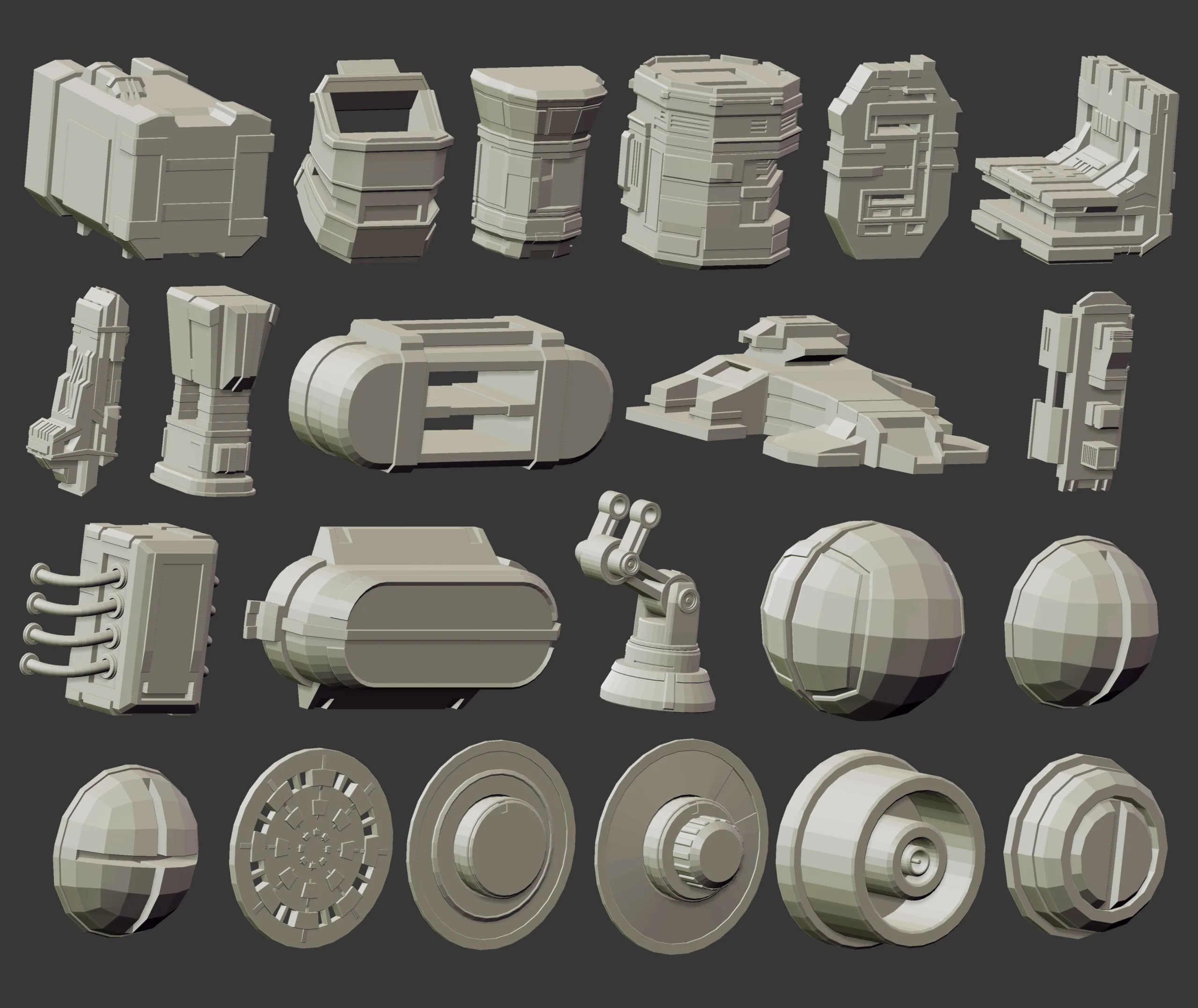 110 Low-poly futuristic sci-fi mech robot or weapon shapes and parts kitbash IMM Zbrush brush set, obj and fbx files.