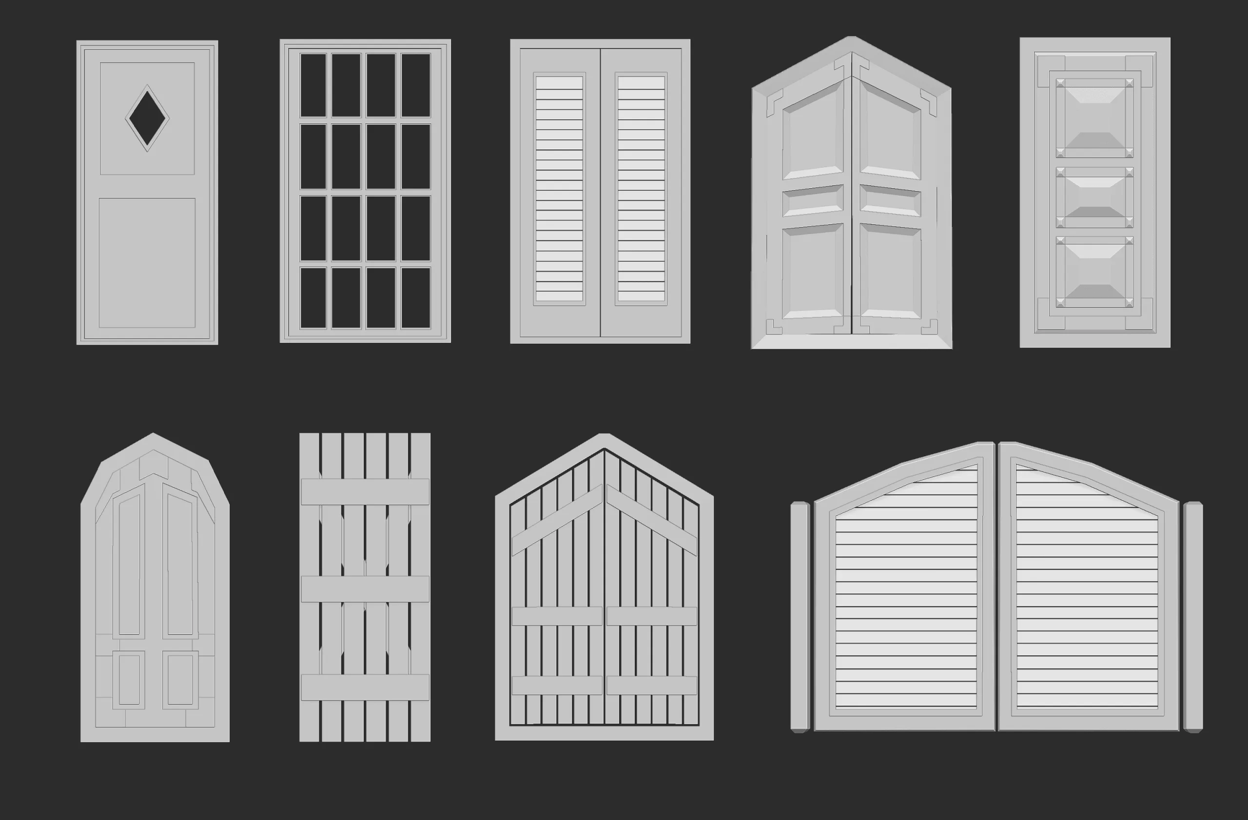 45 low poly interior and exterior door base mesh shapes IMM brush set for Zbrush, obj and fbx files.