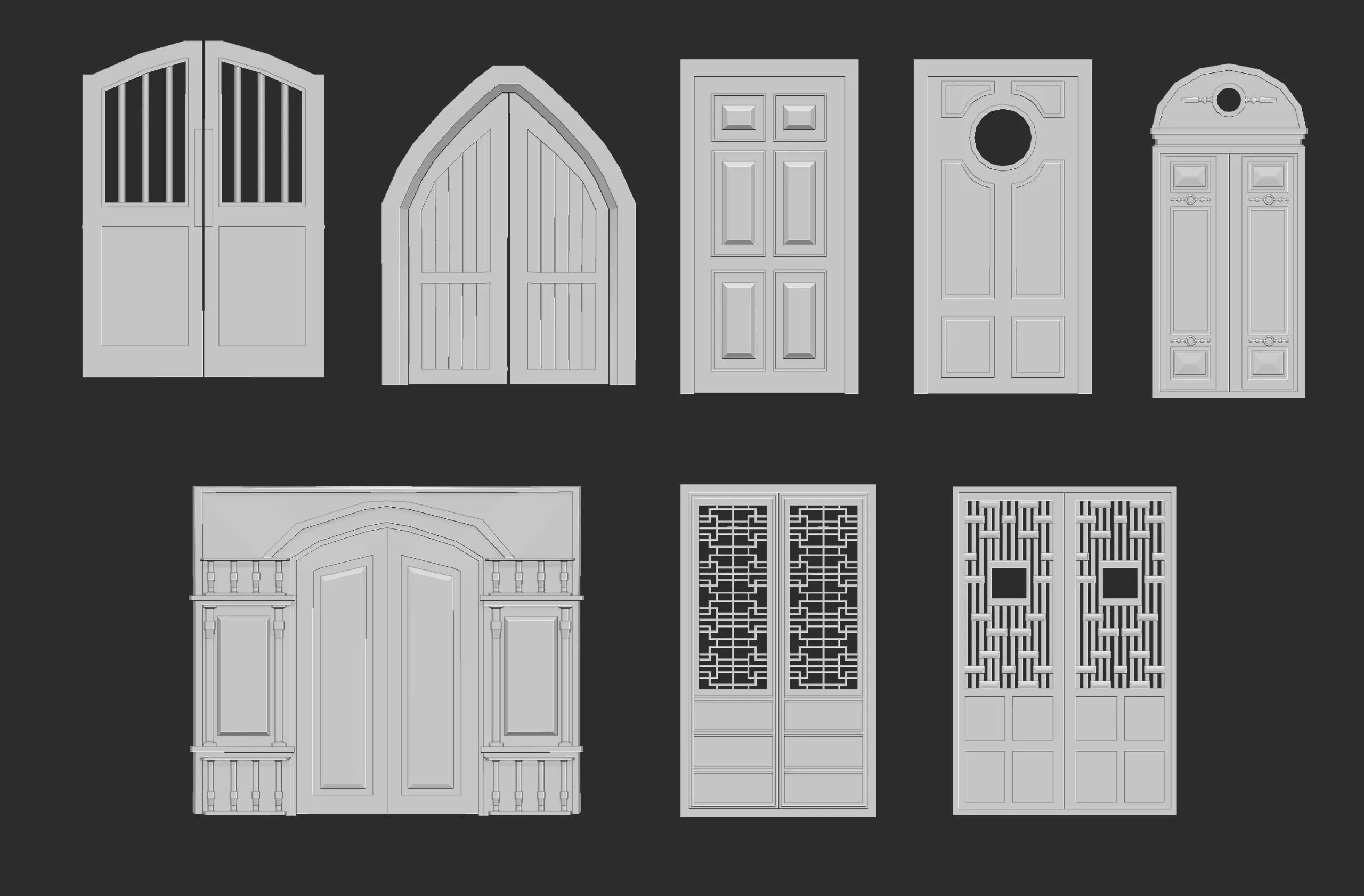 45 low poly interior and exterior door base mesh shapes IMM brush set for Zbrush, obj and fbx files.