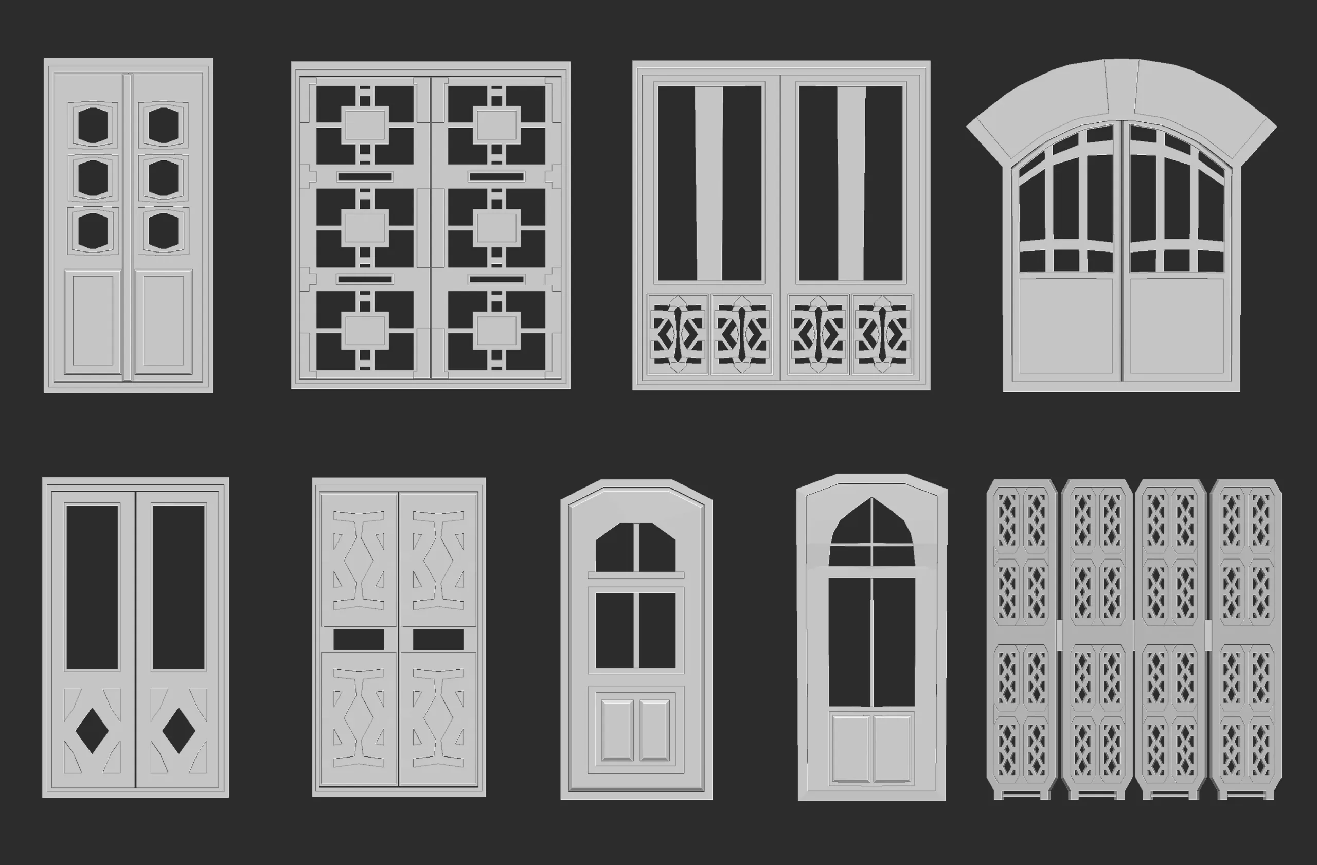 45 low poly interior and exterior door base mesh shapes IMM brush set for Zbrush, obj and fbx files.