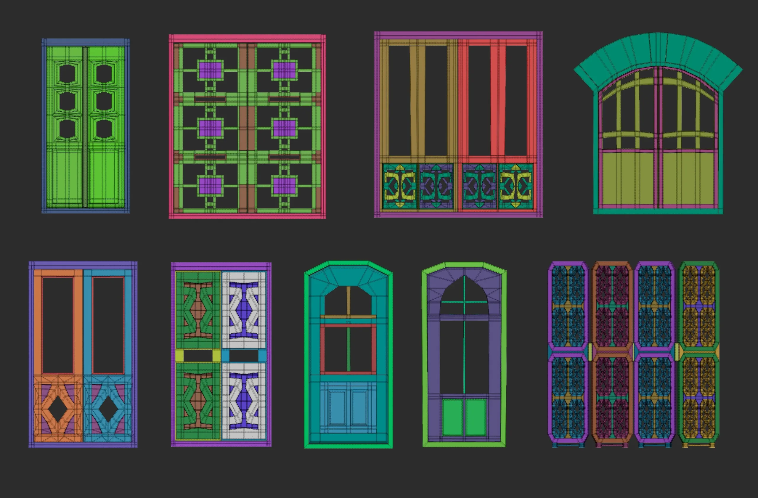 45 low poly interior and exterior door base mesh shapes IMM brush set for Zbrush, obj and fbx files.