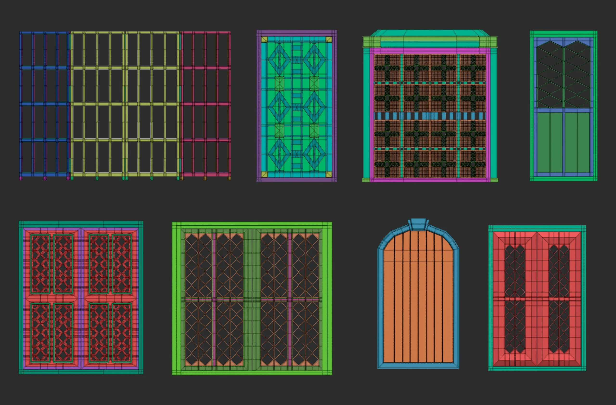 45 low poly interior and exterior door base mesh shapes IMM brush set for Zbrush, obj and fbx files.