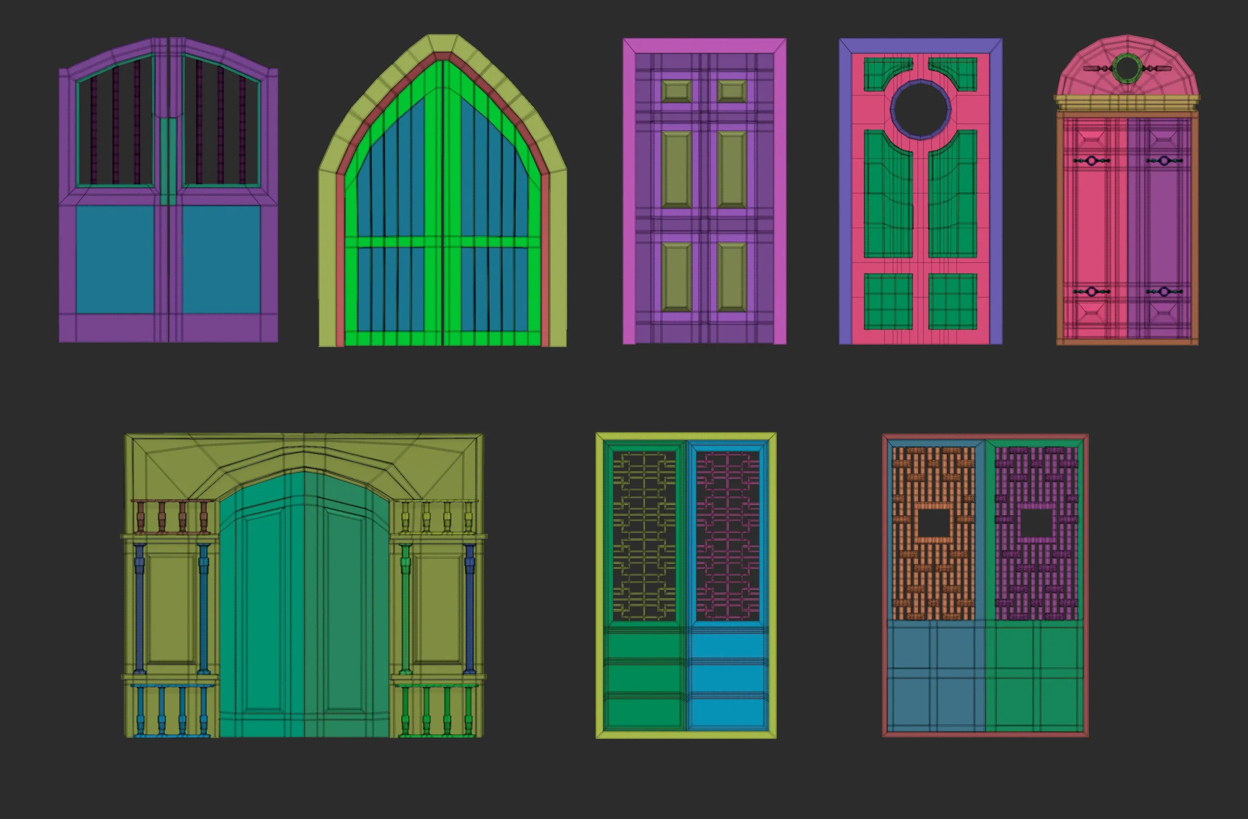 45 low poly interior and exterior door base mesh shapes IMM brush set for Zbrush, obj and fbx files.