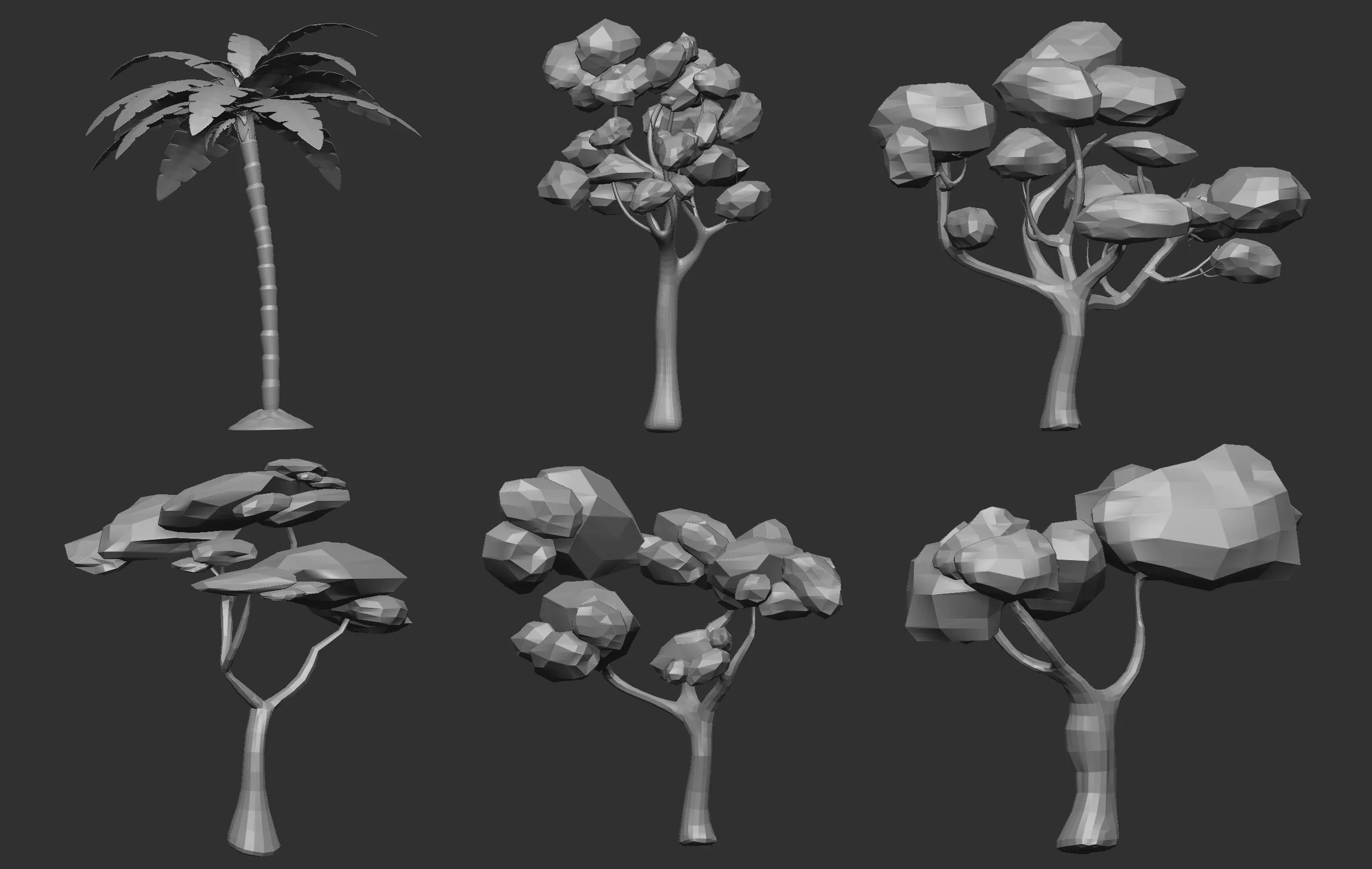 30 Low poly tree and bush base mesh shapes IMM brush set for Zbrush, FBX and OBJ files.