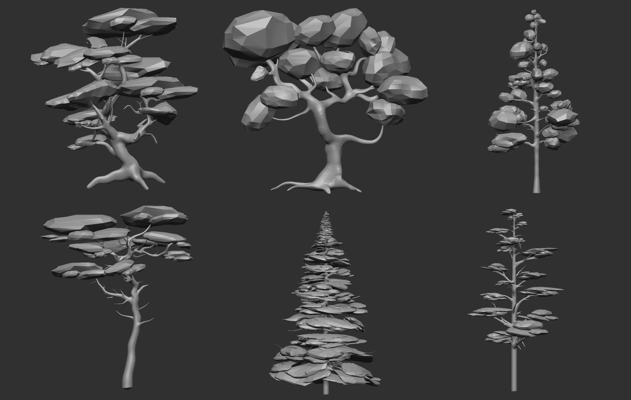 30 Low poly tree and bush base mesh shapes IMM brush set for Zbrush, FBX and OBJ files.