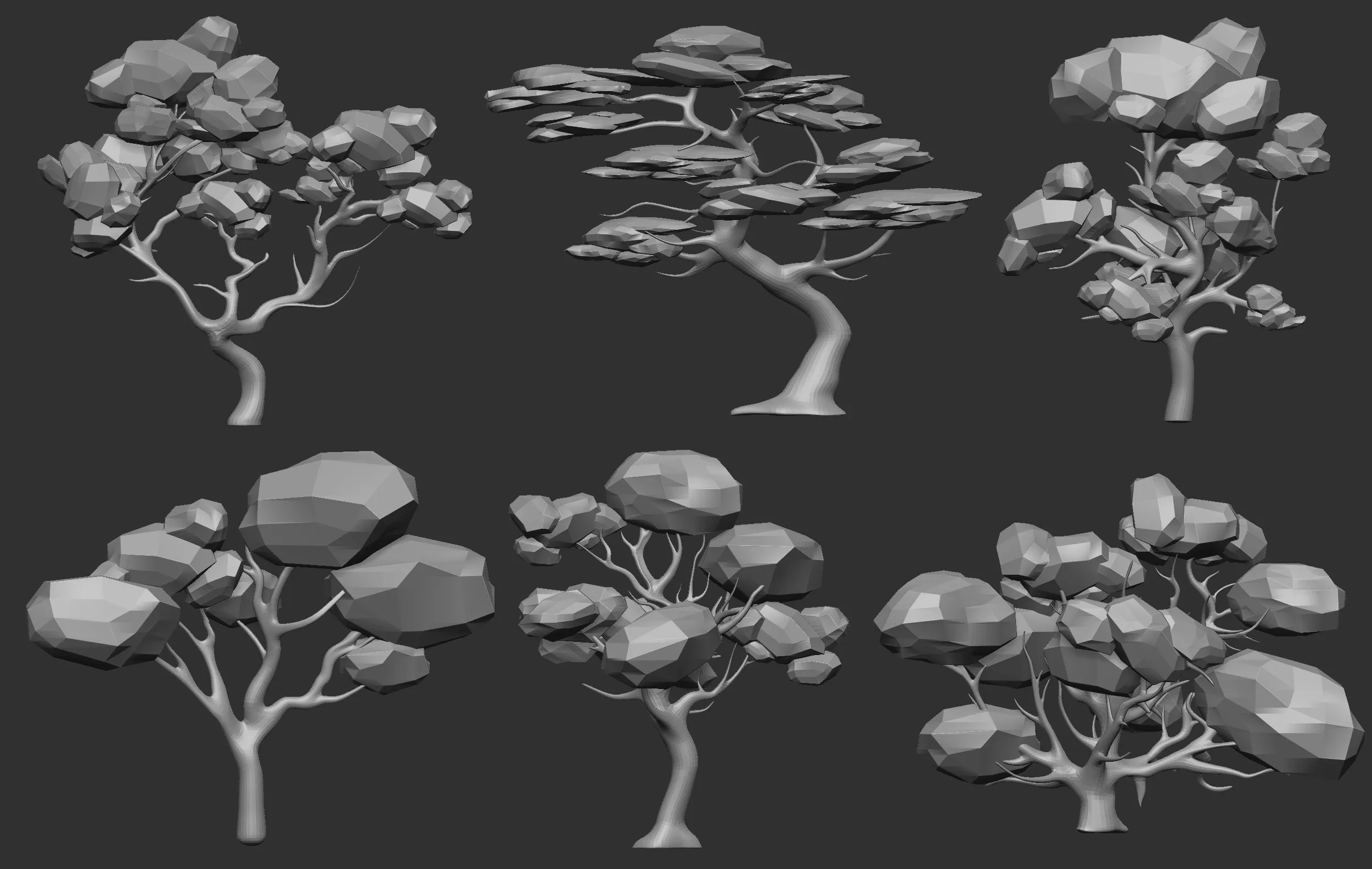 30 Low poly tree and bush base mesh shapes IMM brush set for Zbrush, FBX and OBJ files.