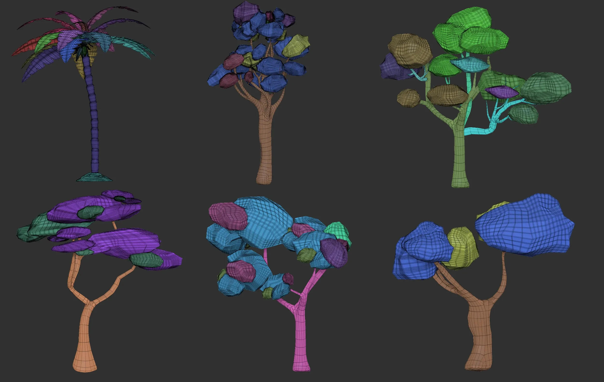 30 Low poly tree and bush base mesh shapes IMM brush set for Zbrush, FBX and OBJ files.