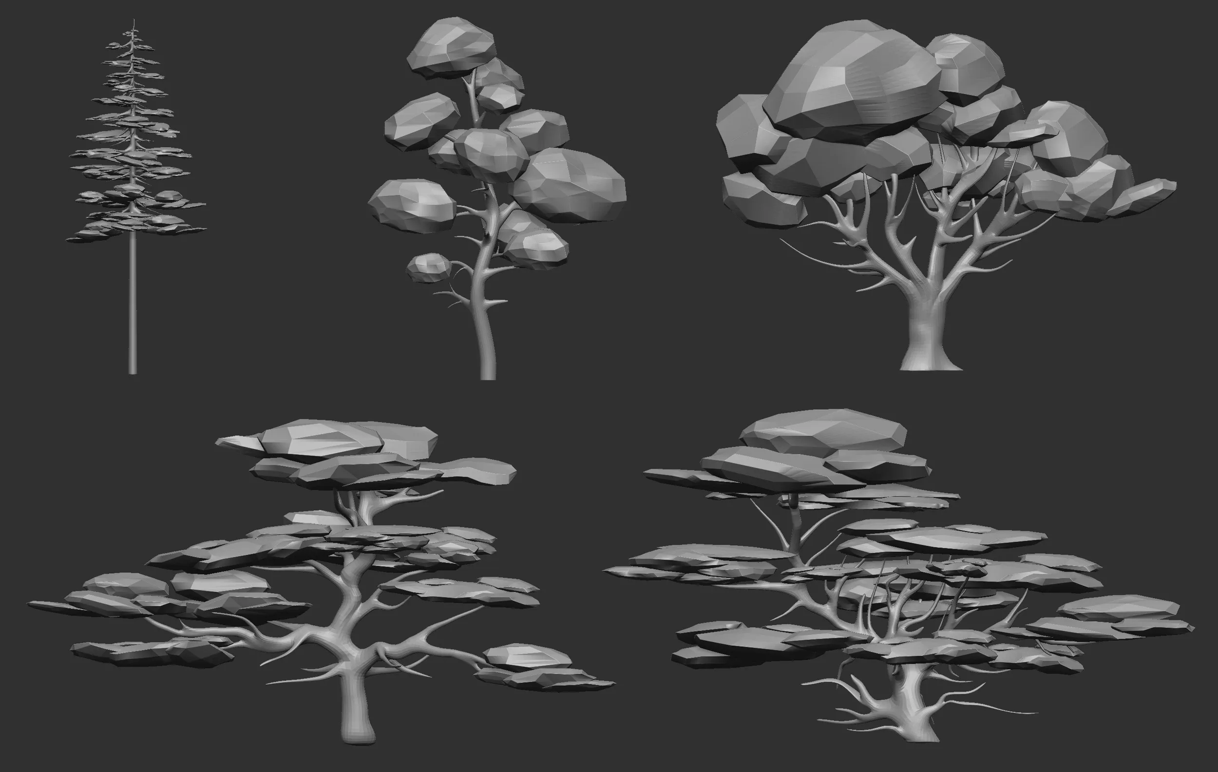 30 Low poly tree and bush base mesh shapes IMM brush set for Zbrush, FBX and OBJ files.