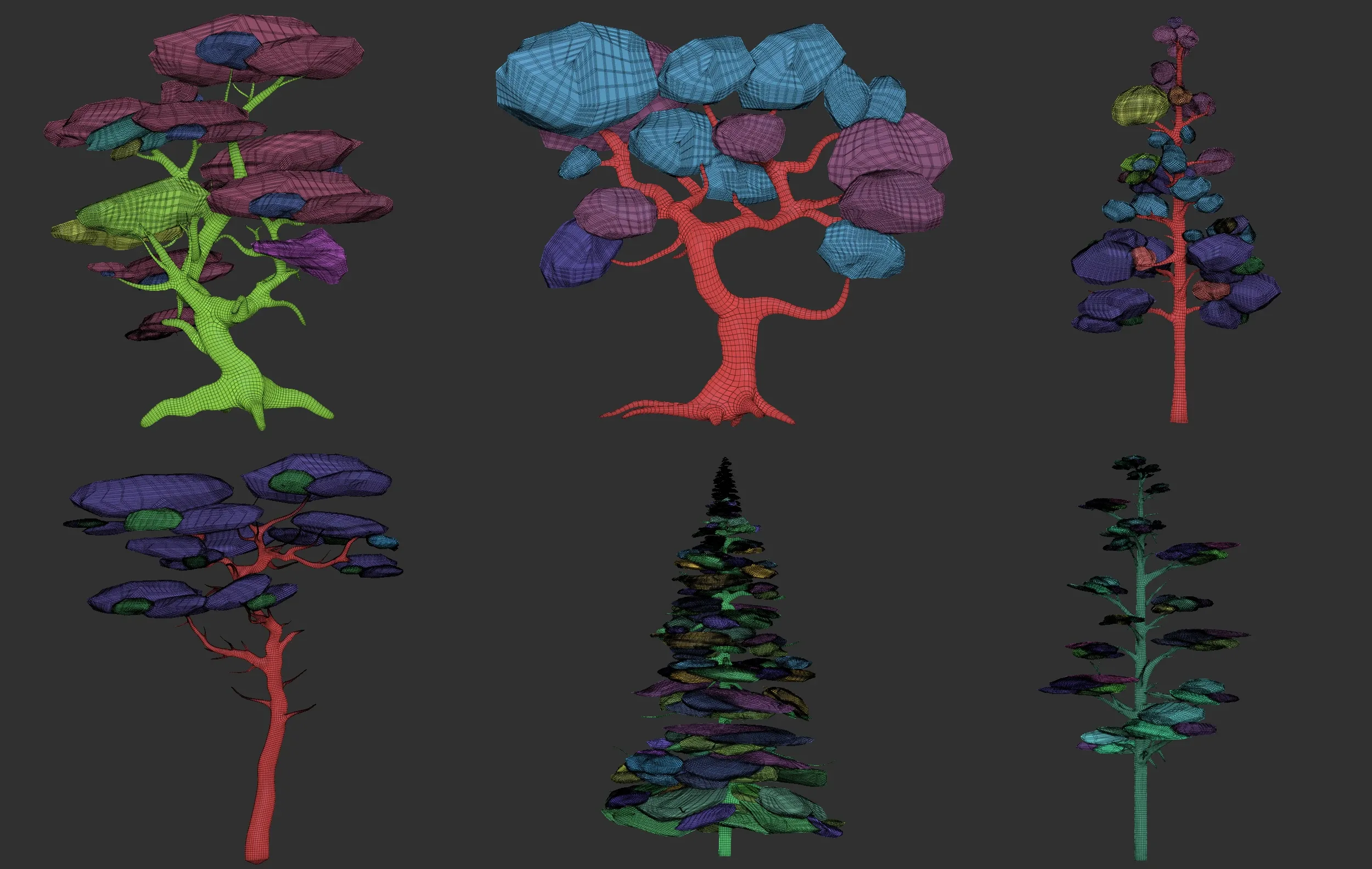 30 Low poly tree and bush base mesh shapes IMM brush set for Zbrush, FBX and OBJ files.