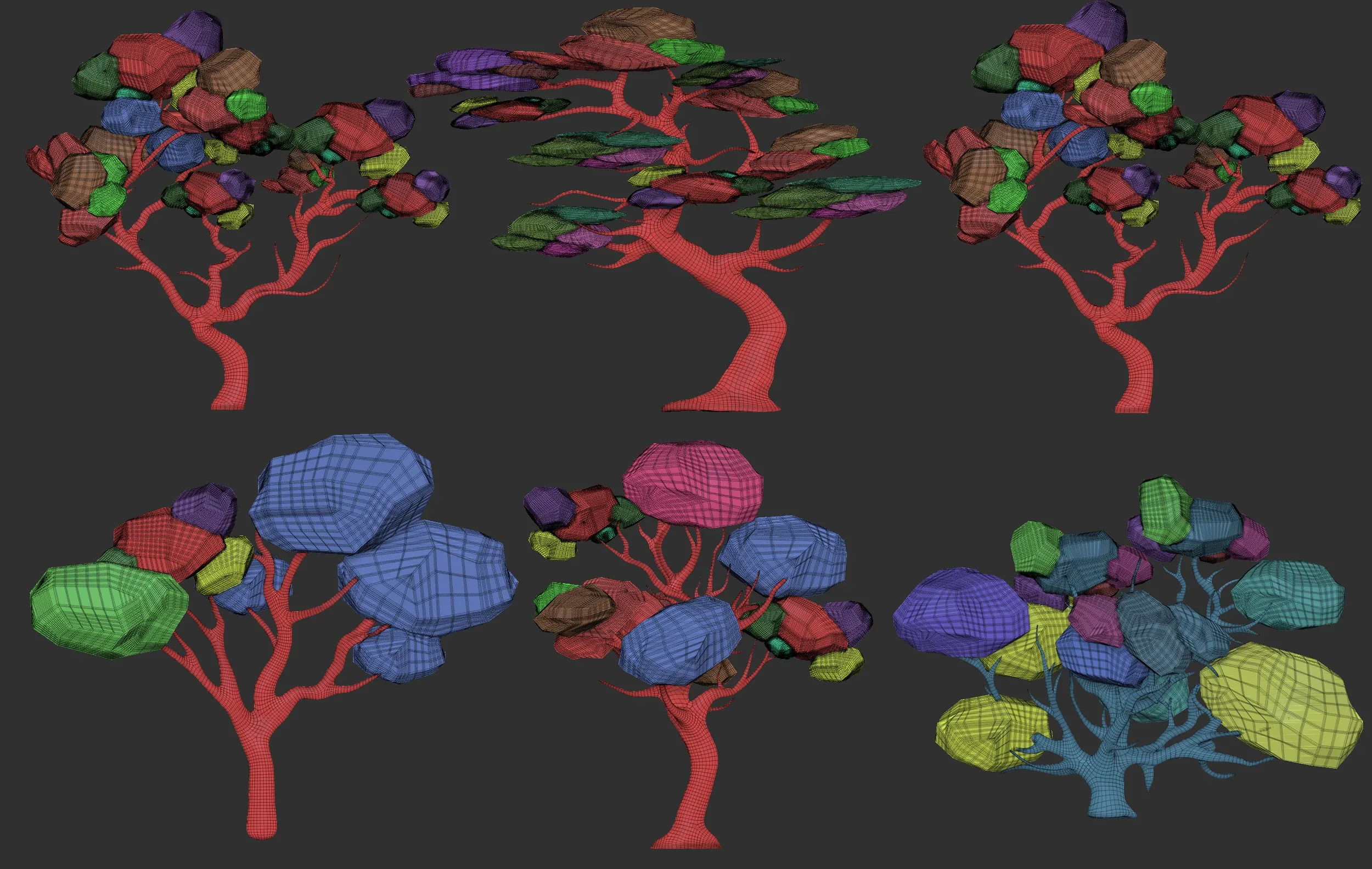 30 Low poly tree and bush base mesh shapes IMM brush set for Zbrush, FBX and OBJ files.