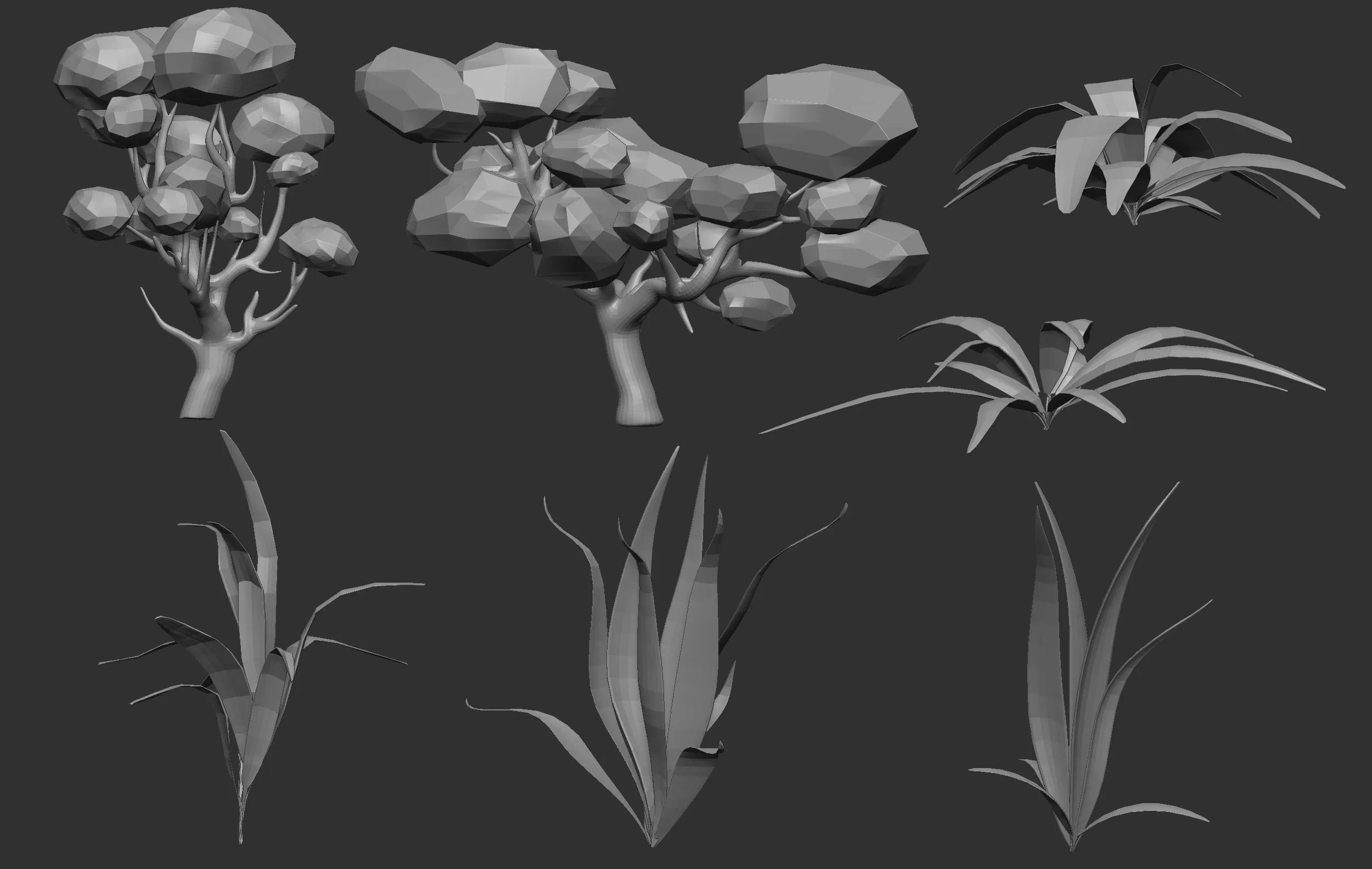 30 Low poly tree and bush base mesh shapes IMM brush set for Zbrush, FBX and OBJ files.