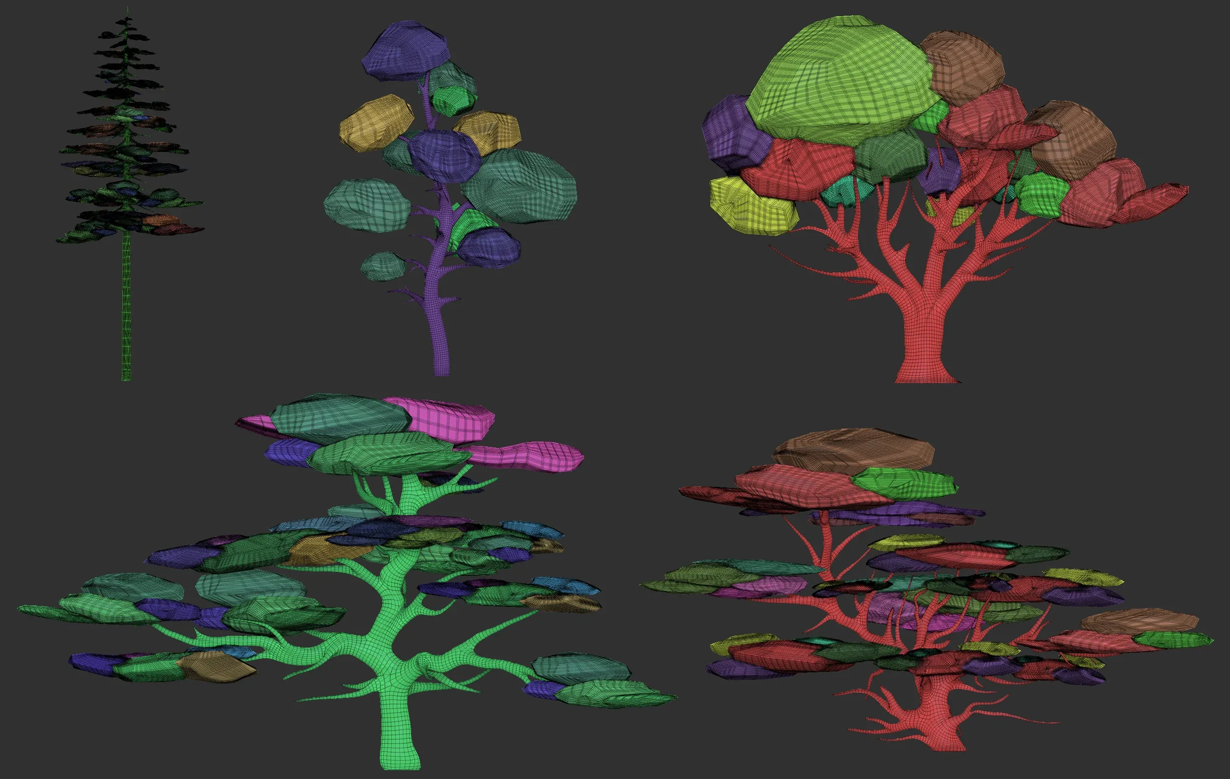 30 Low poly tree and bush base mesh shapes IMM brush set for Zbrush, FBX and OBJ files.