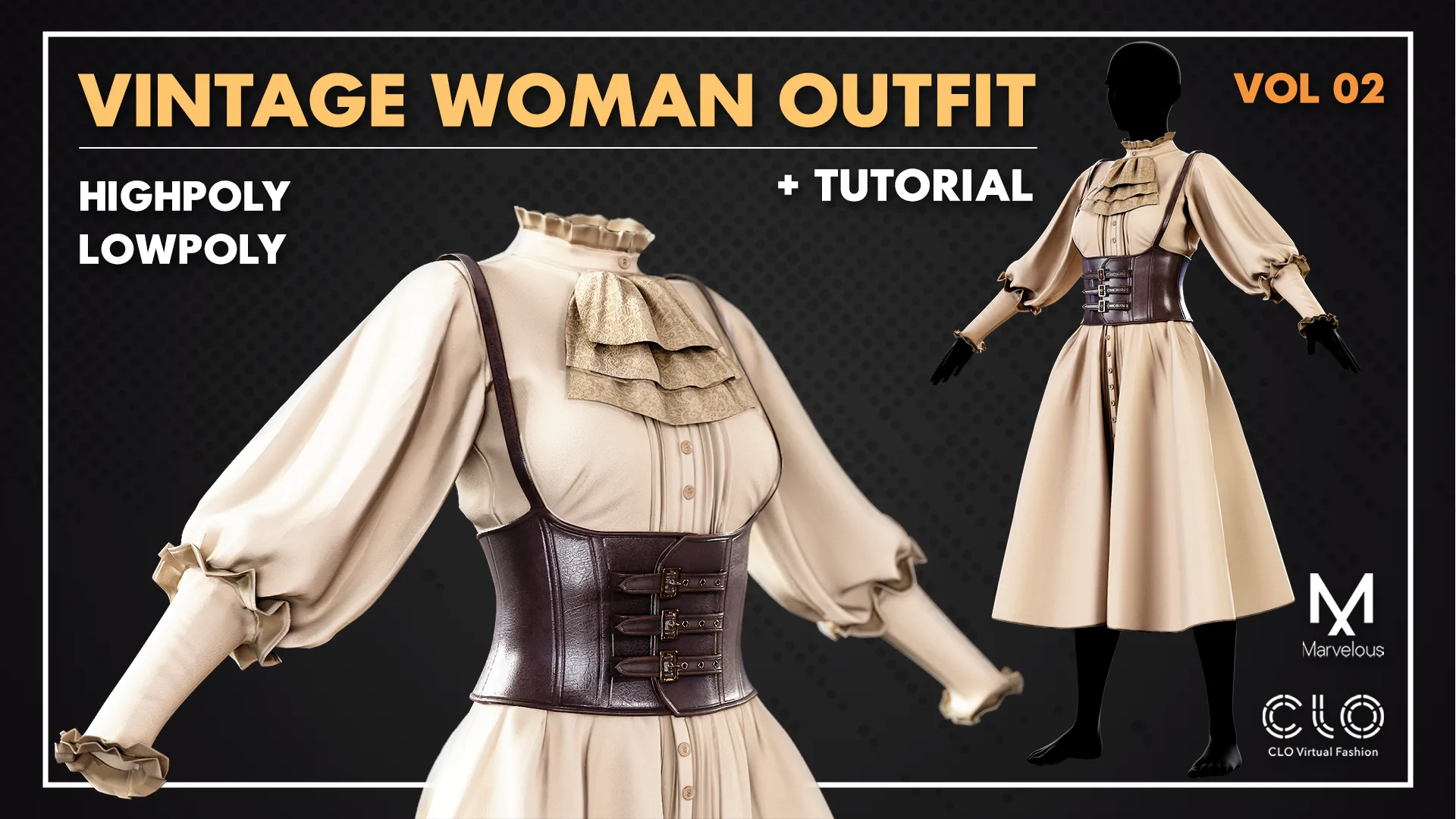 Vintage Women outfit 02 / Marvelous Designer , Clo3d Project + Free Tutorial (Low Poly)