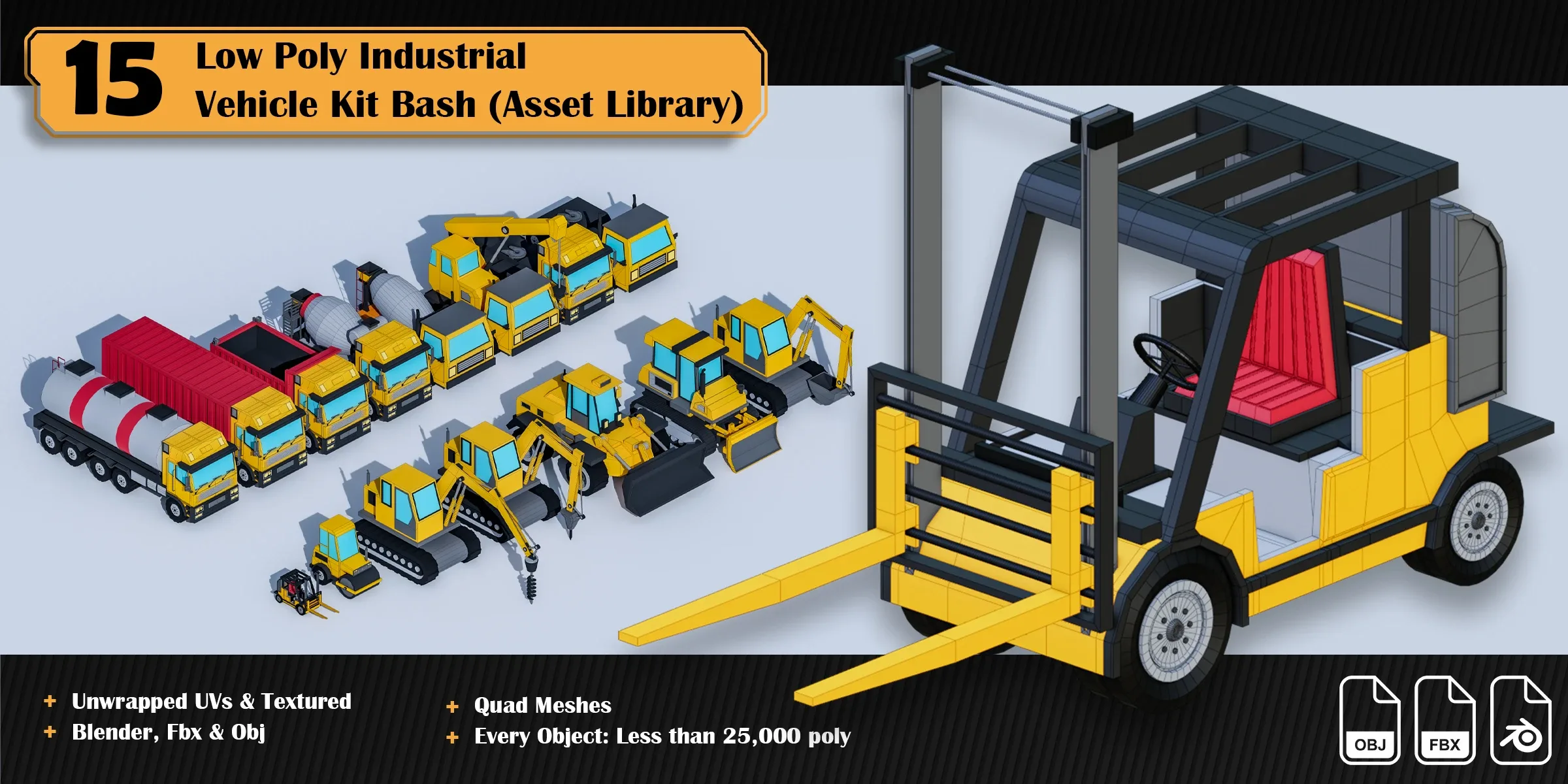 Low Poly Industrial Vehicle Asset Library Kitbash (15 Objects)