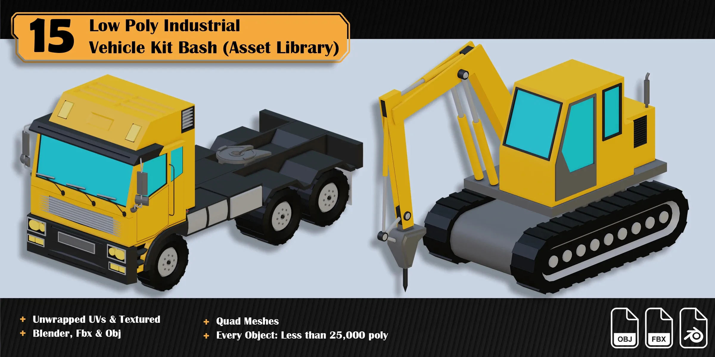 Low Poly Industrial Vehicle Asset Library Kitbash (15 Objects)