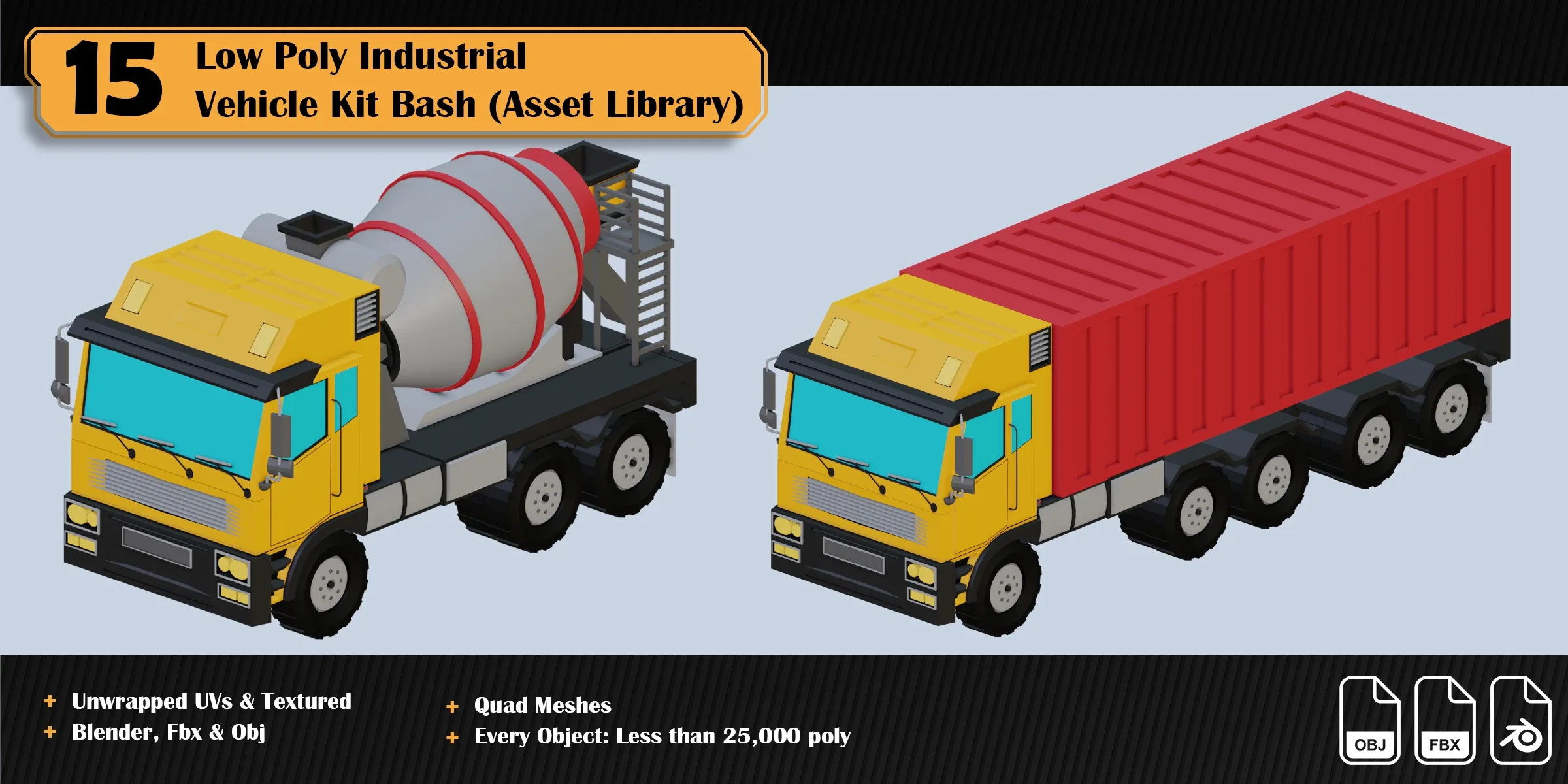 Low Poly Industrial Vehicle Asset Library Kitbash (15 Objects)