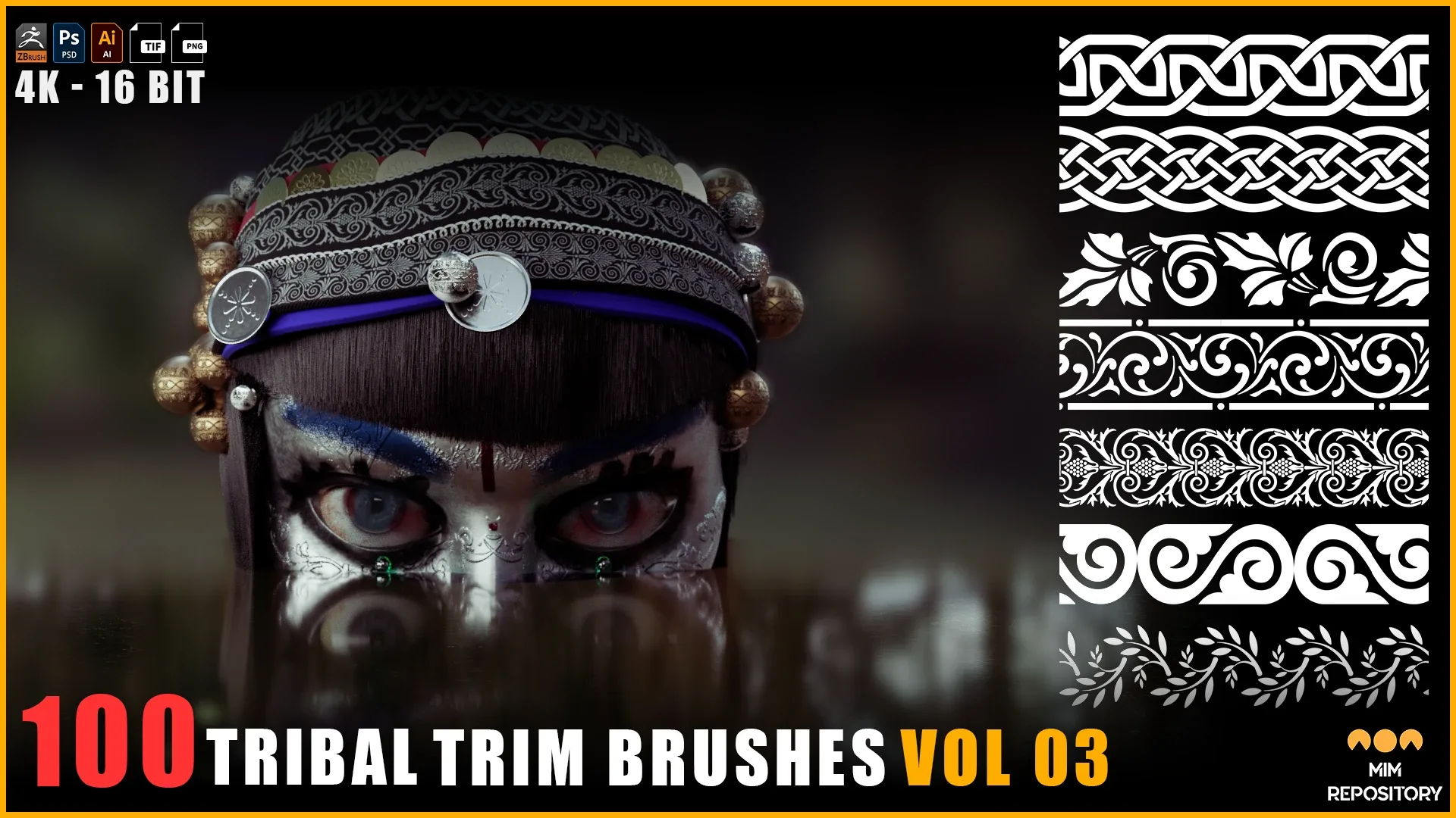 100 Tribal Trim Brushes (Border Pattern - Roll Brush) - VOL 03