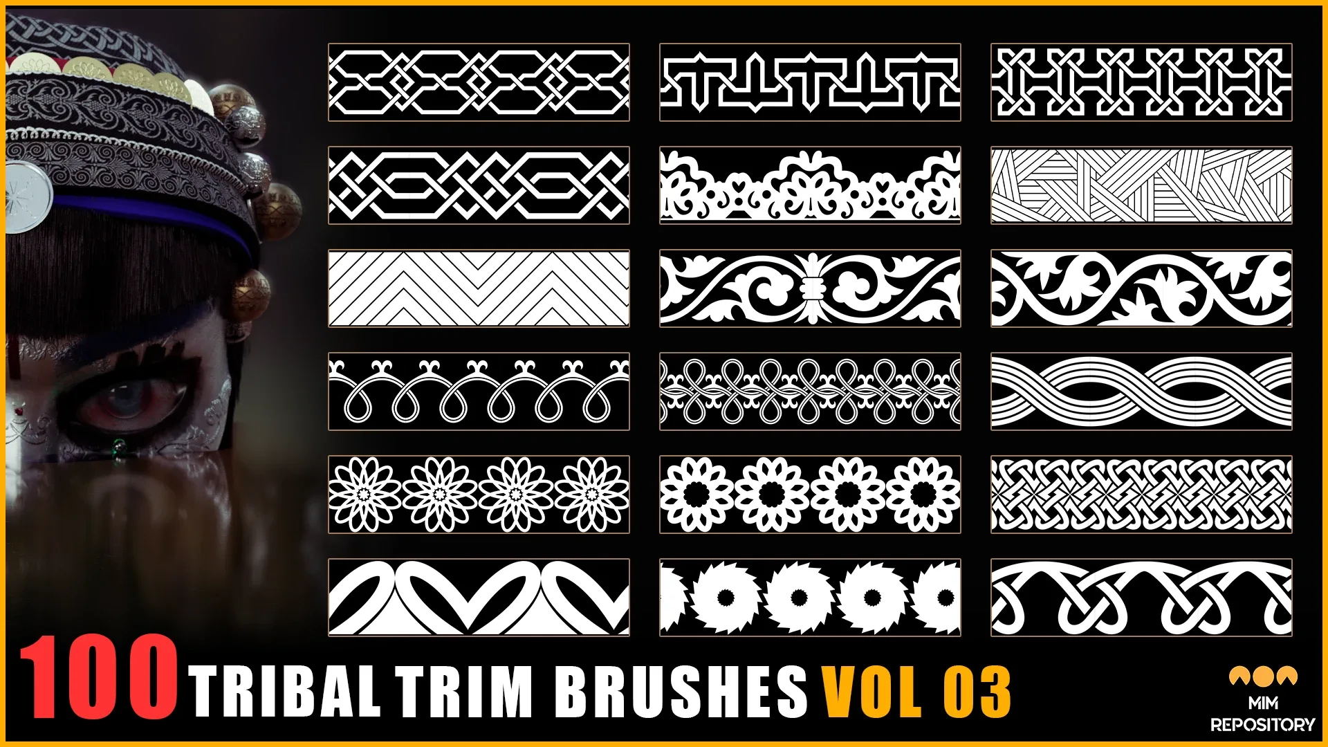 100 Tribal Trim Brushes (Border Pattern - Roll Brush) - VOL 03