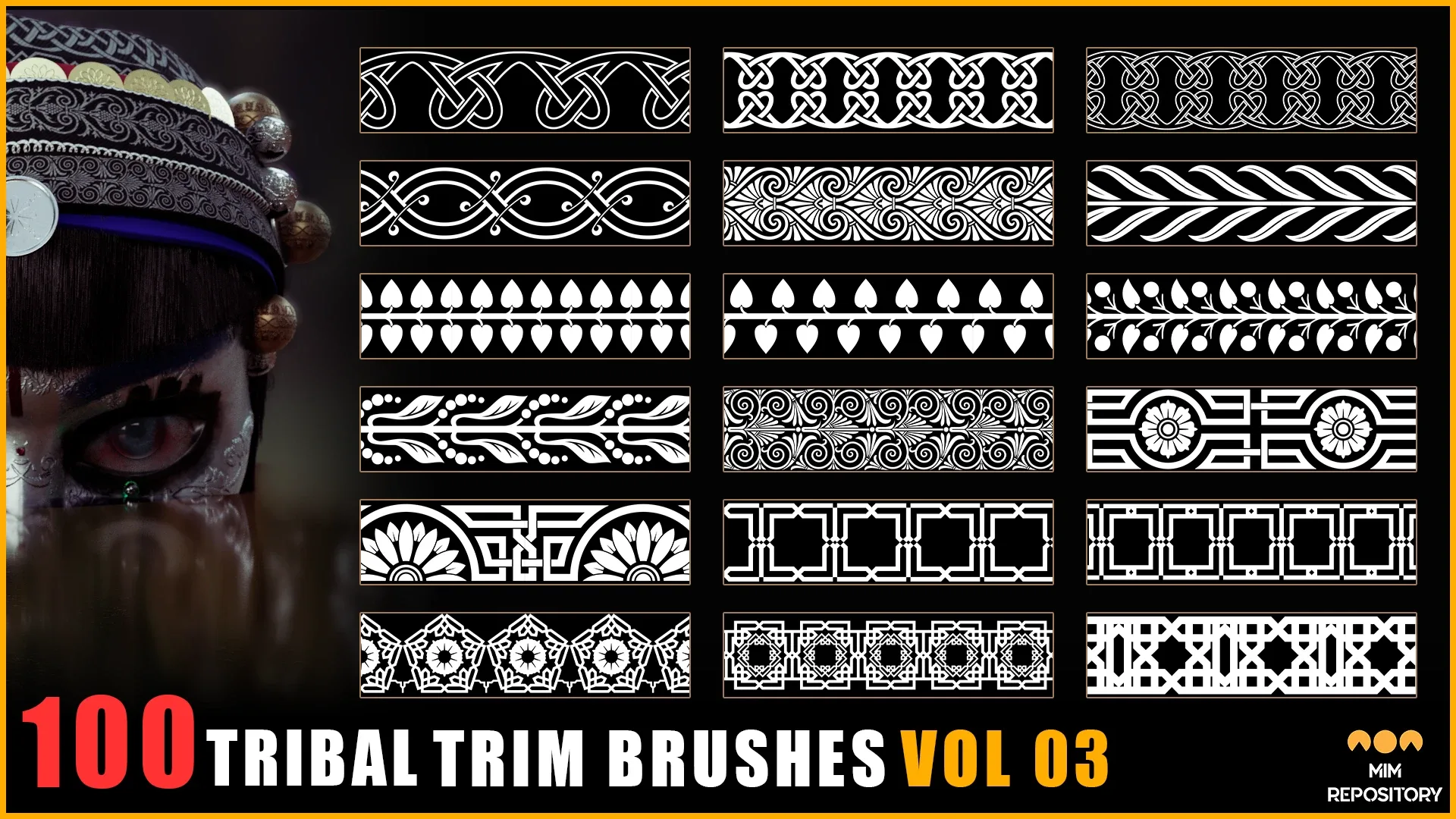 100 Tribal Trim Brushes (Border Pattern - Roll Brush) - VOL 03