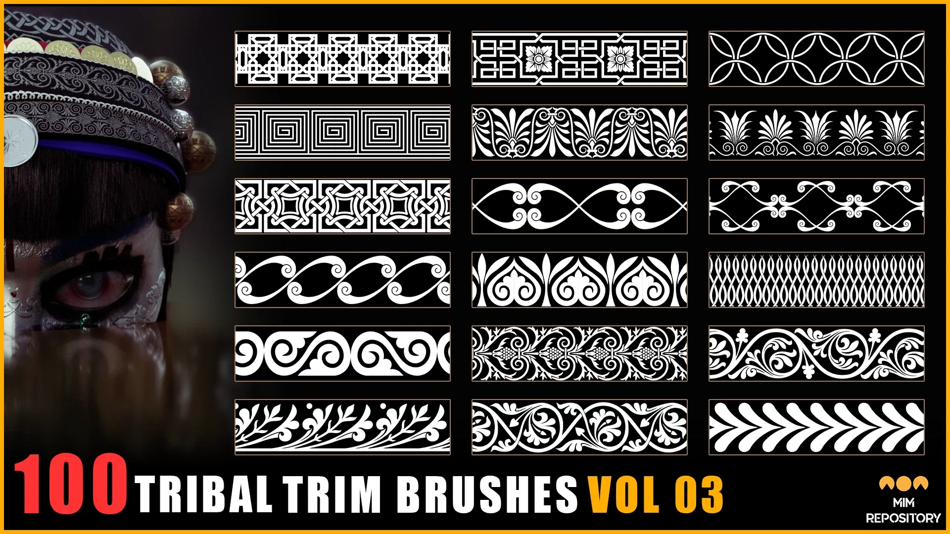 100 Tribal Trim Brushes (Border Pattern - Roll Brush) - VOL 03