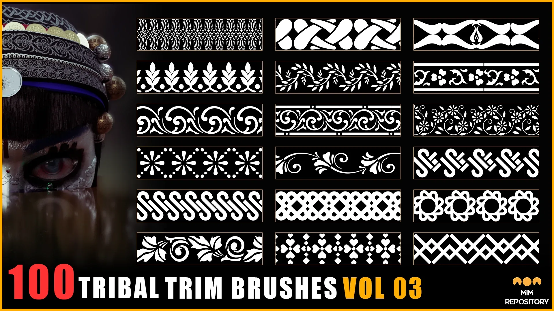 100 Tribal Trim Brushes (Border Pattern - Roll Brush) - VOL 03