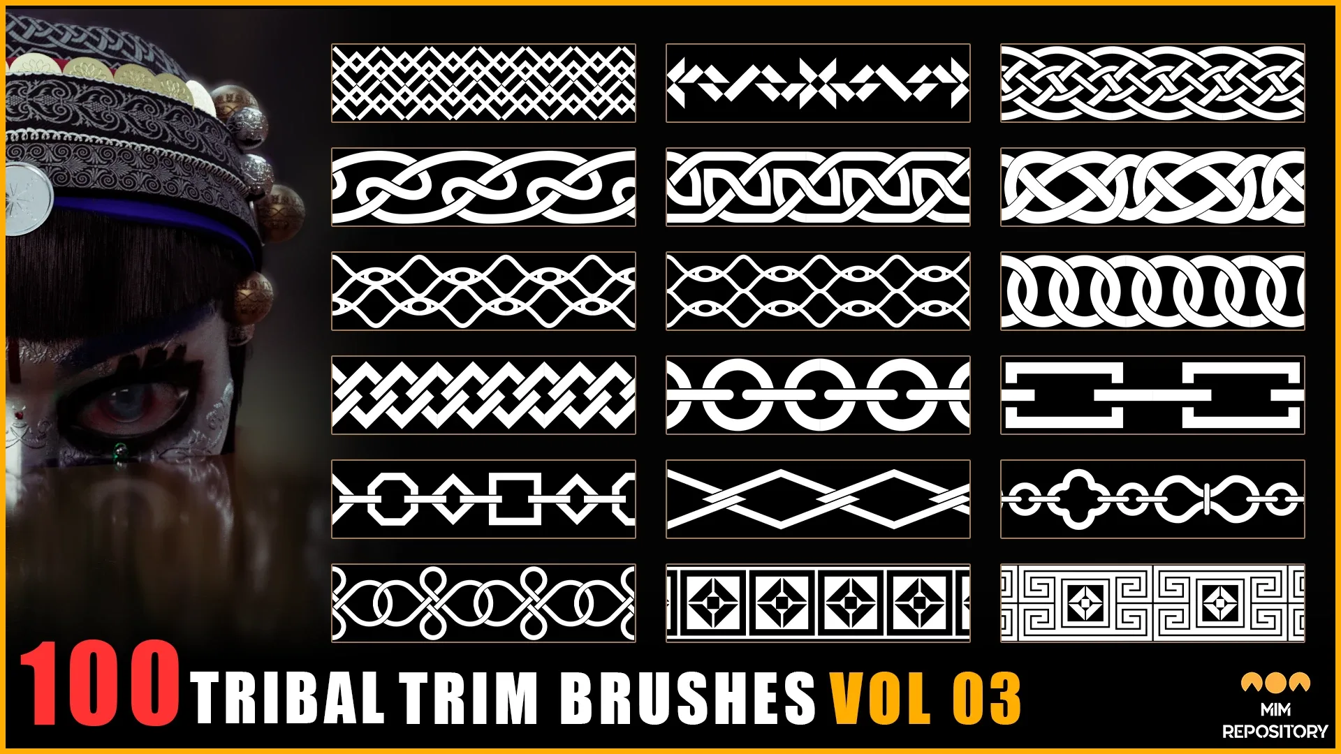 100 Tribal Trim Brushes (Border Pattern - Roll Brush) - VOL 03