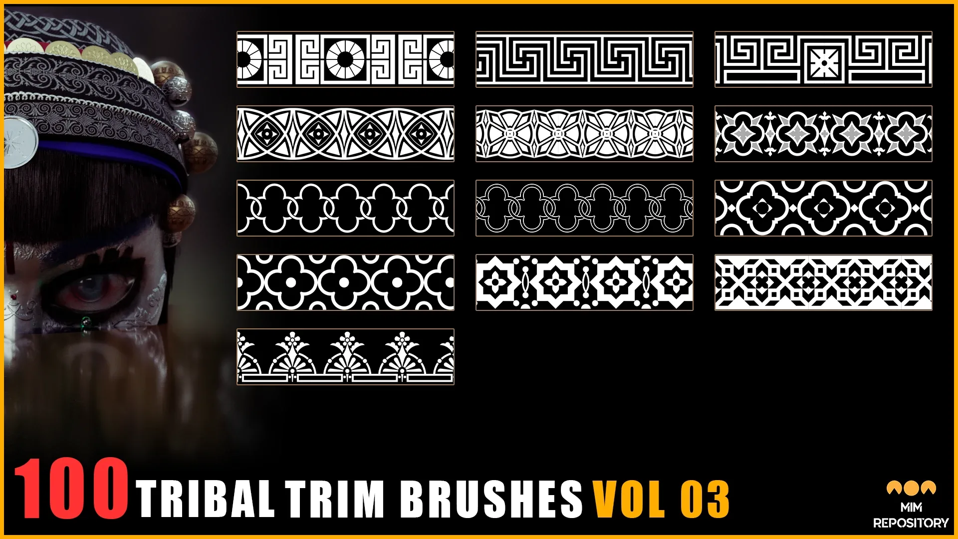 100 Tribal Trim Brushes (Border Pattern - Roll Brush) - VOL 03