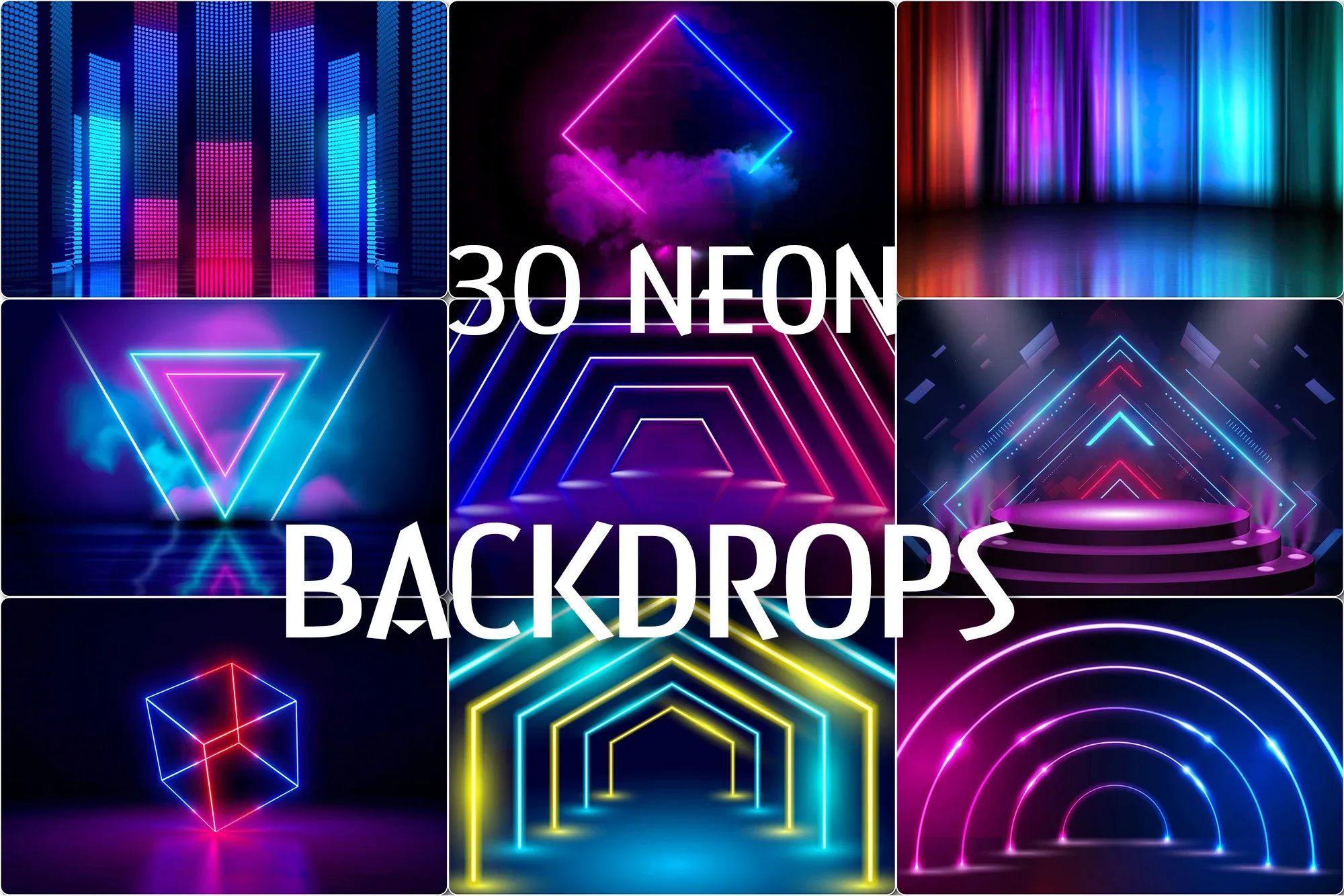 30 Digital NEON podium stage, Glowing Colorful Backdrop, Modern Electro Lights, Shine Futuristic Spotlight Arena, Neon Geometric Show Lights