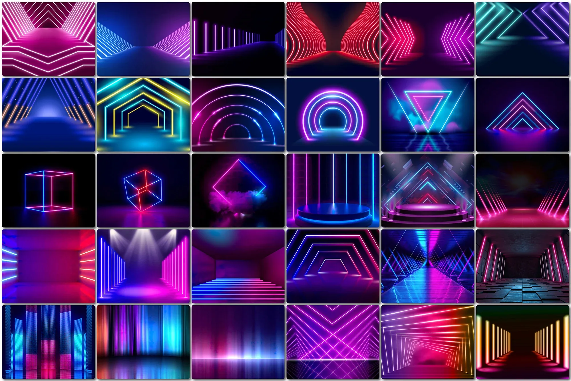 30 Digital NEON podium stage, Glowing Colorful Backdrop, Modern Electro Lights, Shine Futuristic Spotlight Arena, Neon Geometric Show Lights