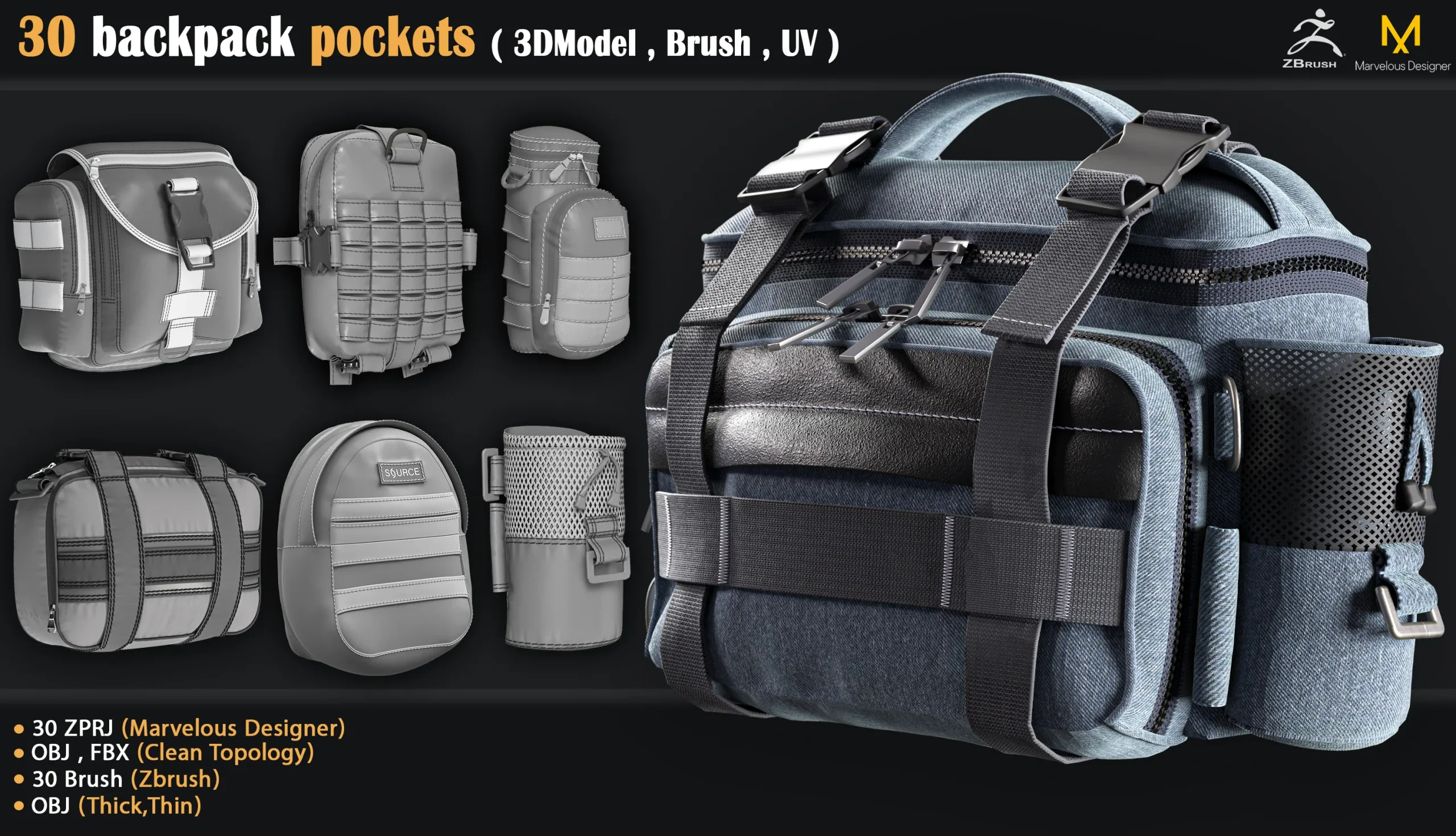30 backpack pockets ( 3DModel , Brush , UV )