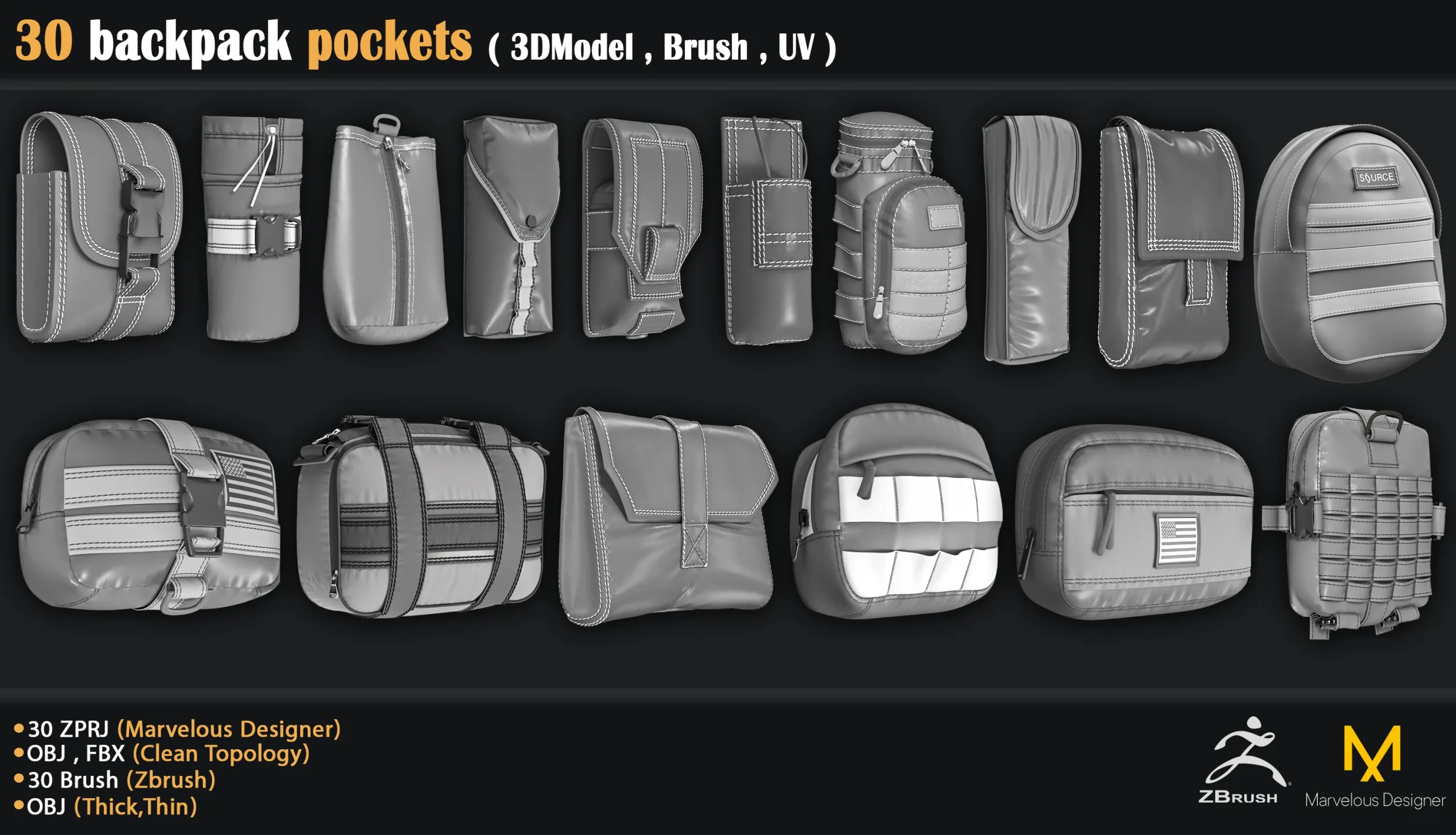 30 backpack pockets ( 3DModel , Brush , UV )