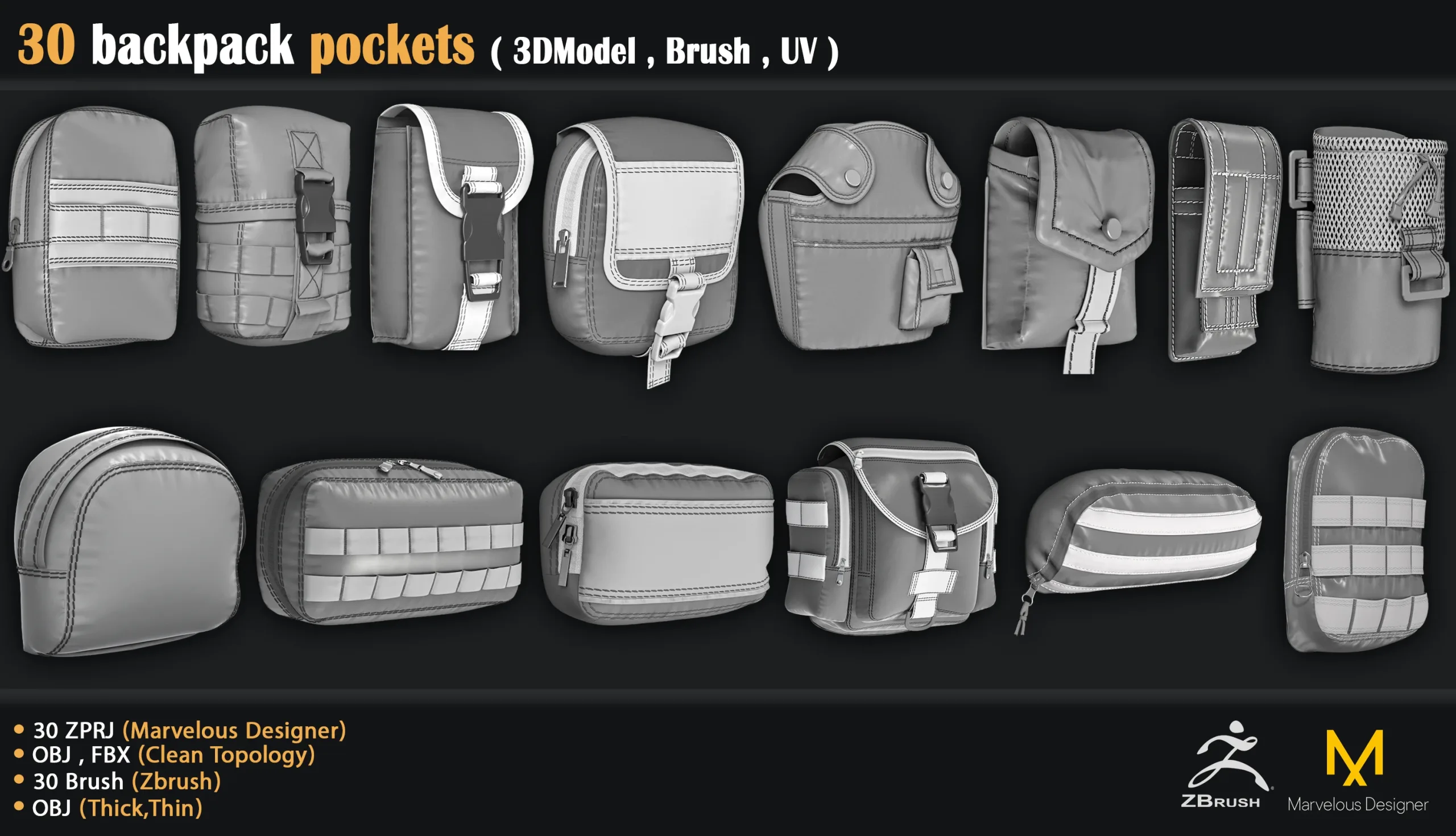 30 backpack pockets ( 3DModel , Brush , UV )