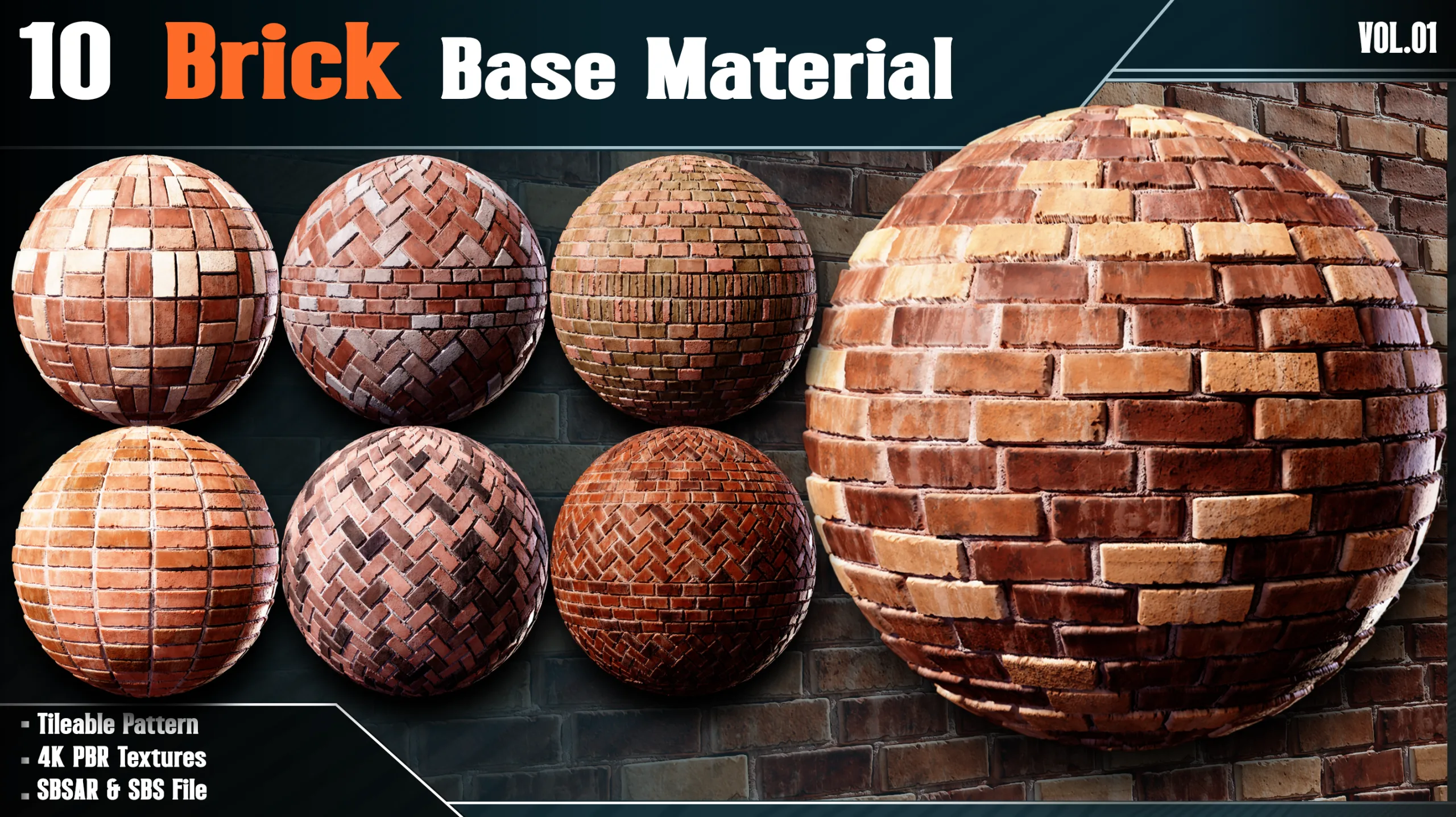 10 Brick Base Material - vol.01( 4K PBR Textures + SBSAR & SBS File )