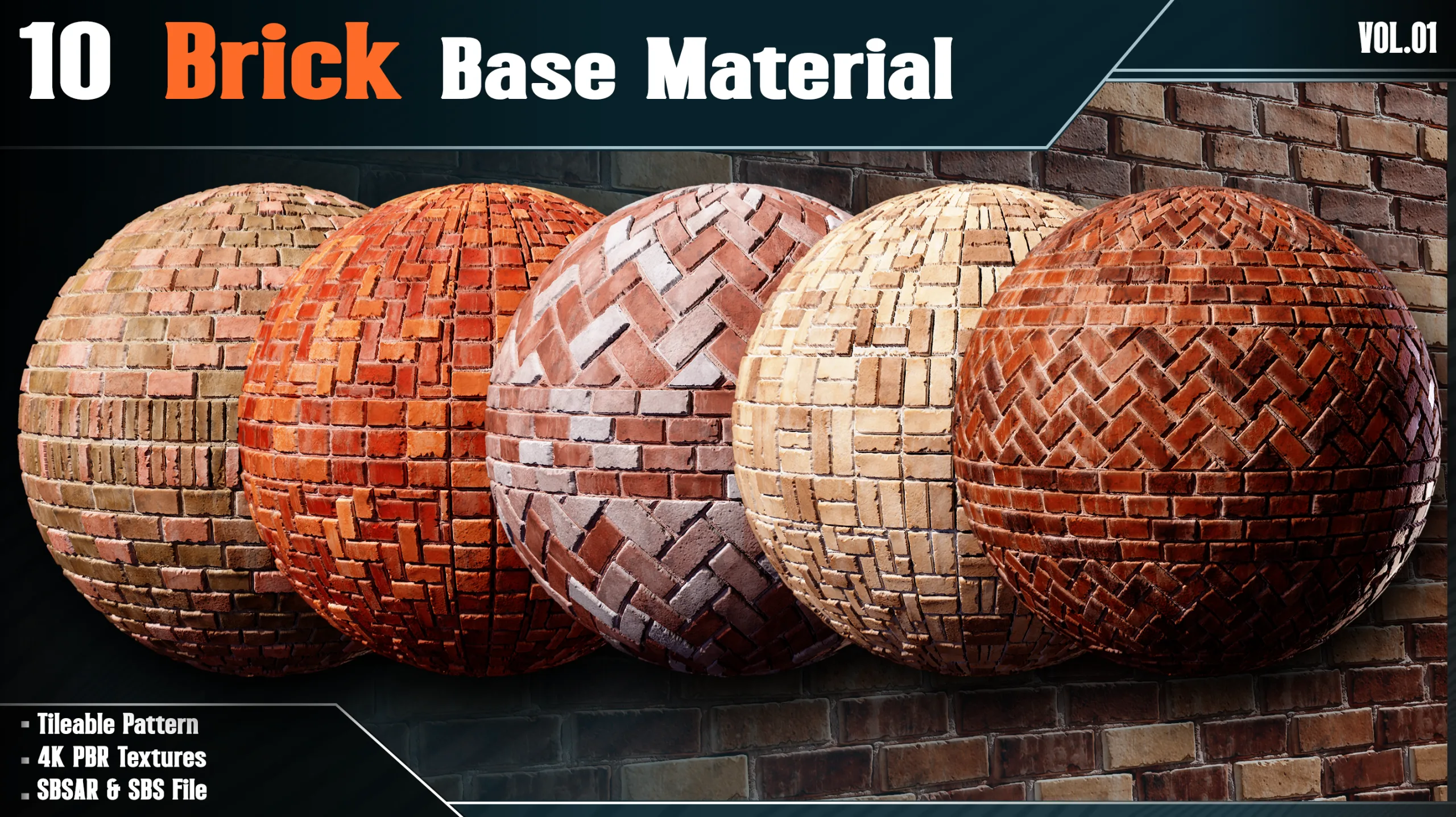 10 Brick Base Material - vol.01( 4K PBR Textures + SBSAR & SBS File )