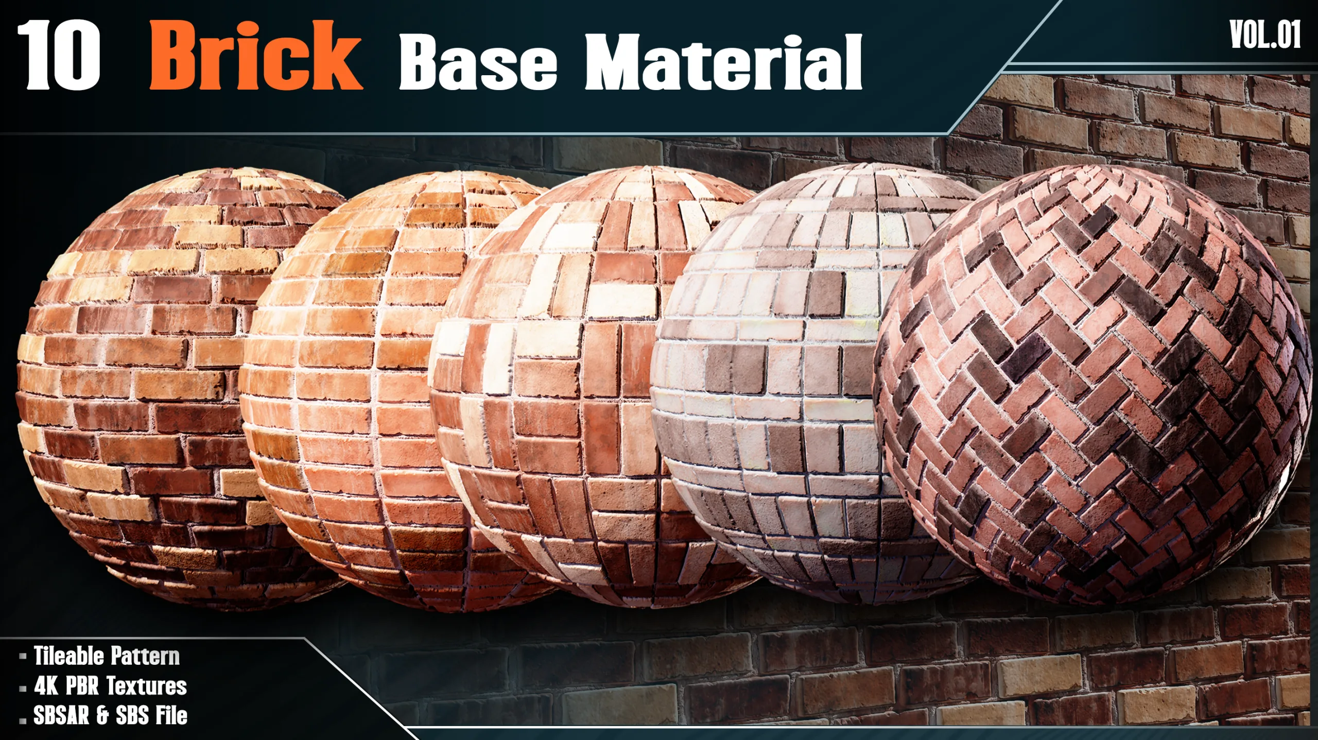 10 Brick Base Material - vol.01( 4K PBR Textures + SBSAR & SBS File )