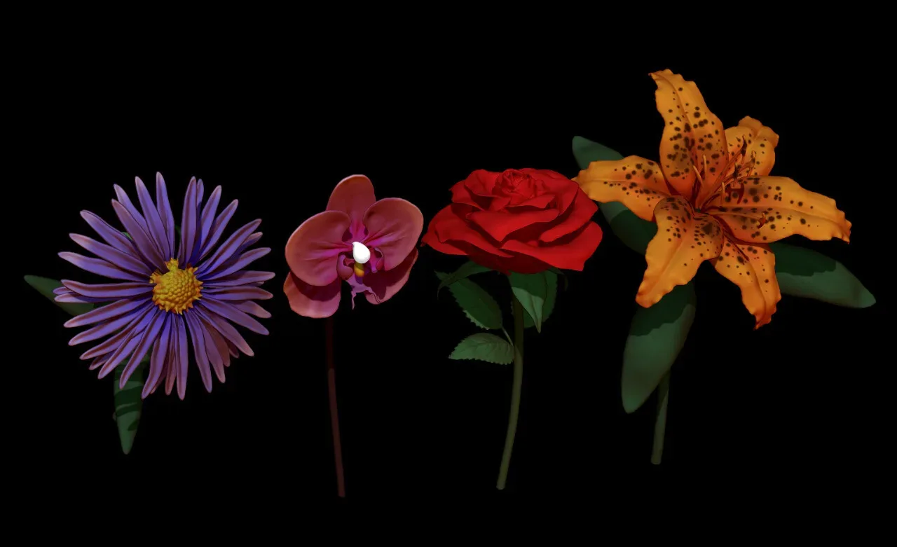 10 Flowers 3D Pack For Zbrush - Including ZPR, ZTL, OBJ, STL, FBX